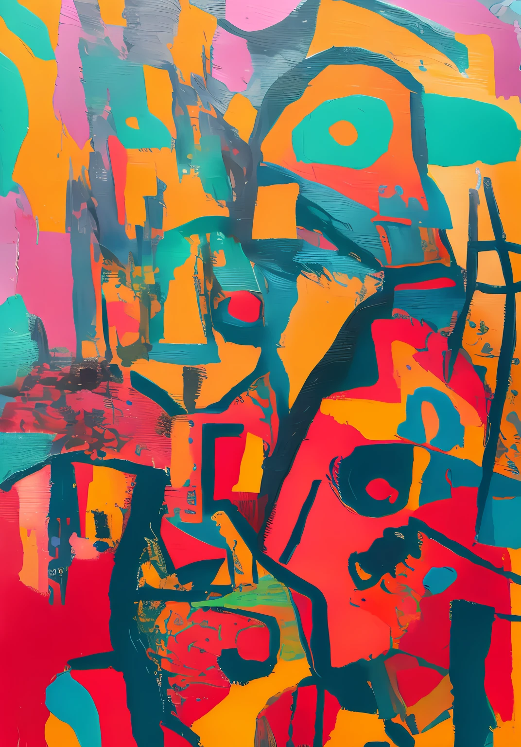 a painting of a group of people in a colorful abstract manner, inspired by Francis Picabia, Very abstract, inspired by Amadeo de Souza Cardoso, abstract figurative art, abstracted!!!, inspired by Pierre Alechinsky, abstracted, abstracted!!, brightly coloured oil on canvas, inspired by Ossip Zadkine, vibrant expressive colours