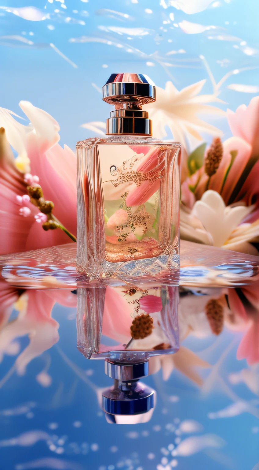 There is a bottle of perfume on the water,Flowers nearby, floating on water, perfume, perfume bottle, inverted image,commercial product photography, ExquisiteDetail, high qualityProduct photography, exquisitely detailed, exquisite and smooth details, highly detailed composition, dramatic product photography, Product photography, professional product photography, product photography 4 k, close up portrait shot