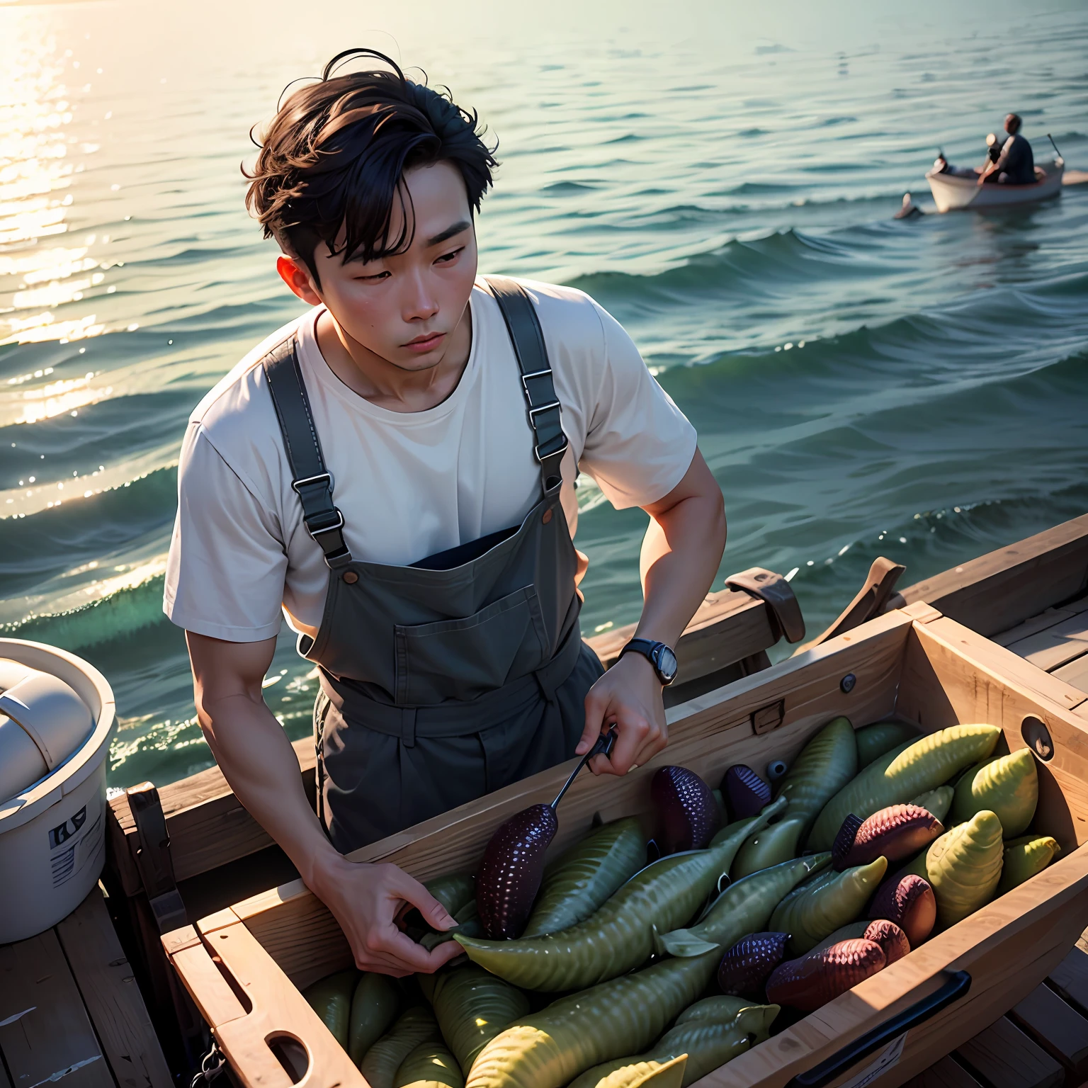 A mature 30-year-old man fishing for sea cucumbers on the seashore Standing on a fishing boat, the four words Dongyu sea cucumber should be highlighted on his clothes --auto