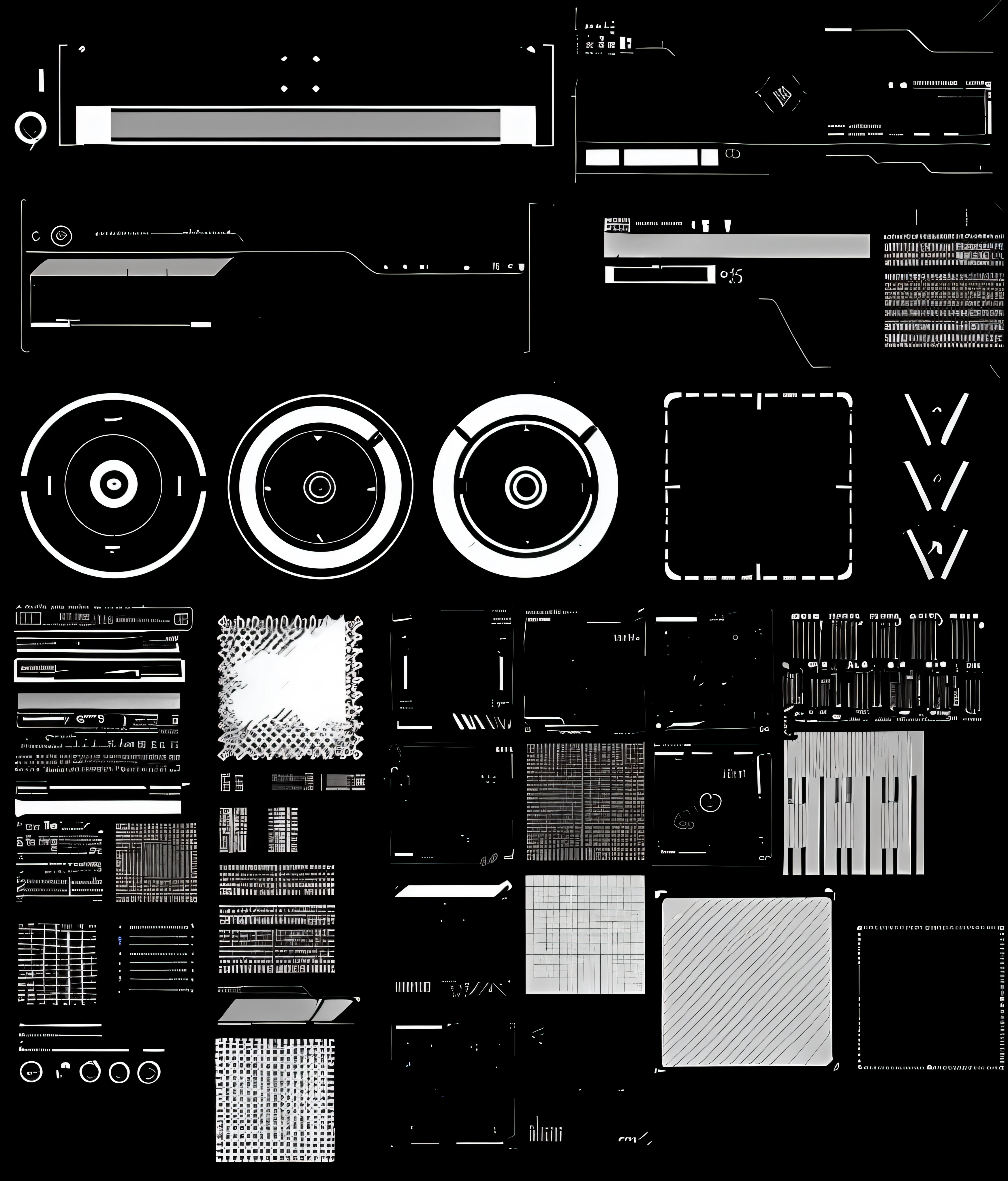 a close up of a bunch of different types of electronic equipment, cybernetic parts, video game asset file, cyber patterns, sci fi patterns, game asset sheet, game design asset pack, cybernetic components, grid montage of shapes, hardware, asset sheet, montage of grid shapes, video game assets, tech pattern, desktop, abstract tech, blender design assets --auto