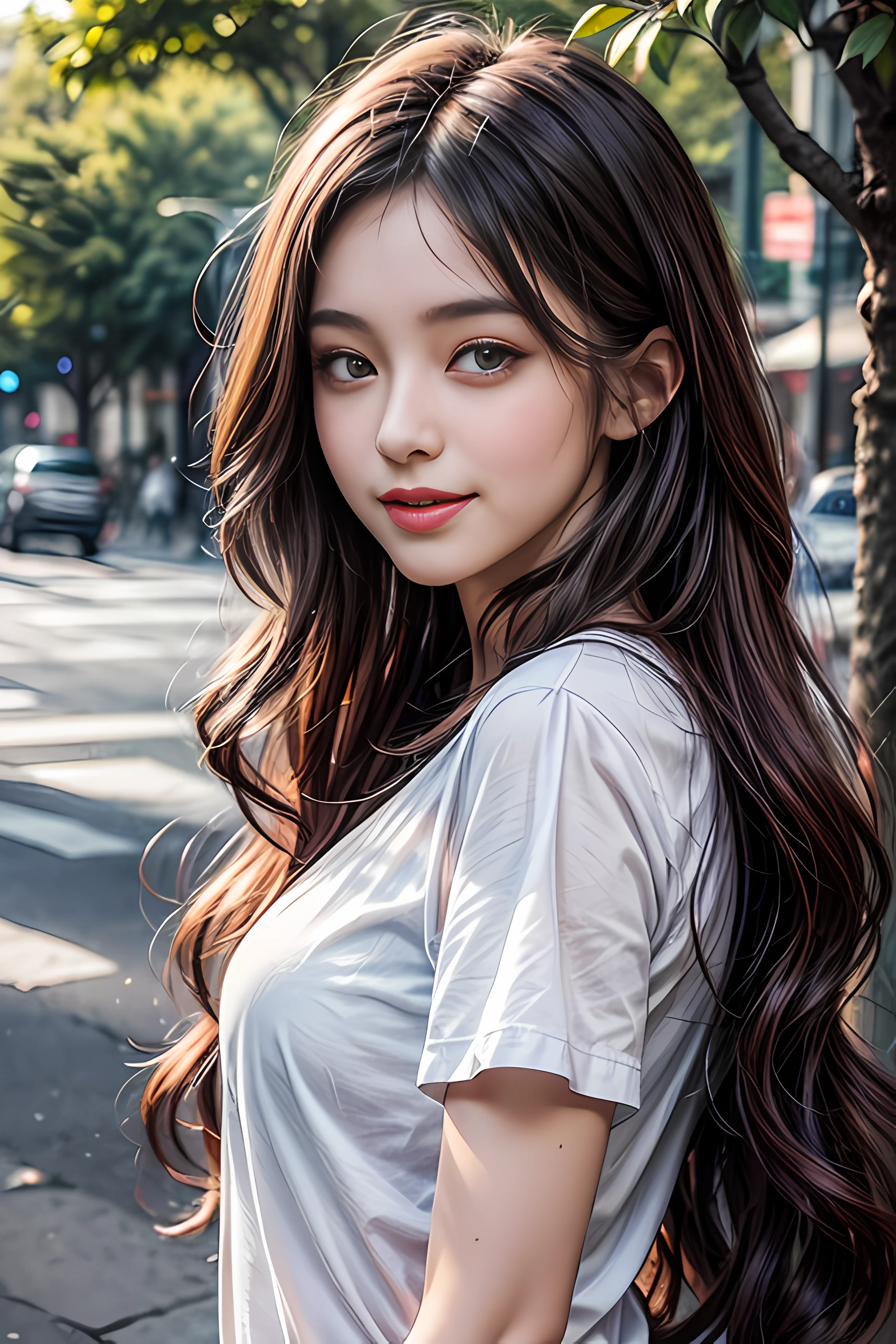 detailed eyes, detailed face, best quality , smile, (facing front), looking at viewer, white shirt, sunny day, outdoor, 1girl upperbody, dark purple red chocolate color hair dye, long way hair, thin hair, long wave hair, wavy hair, ombre hair, curly hair