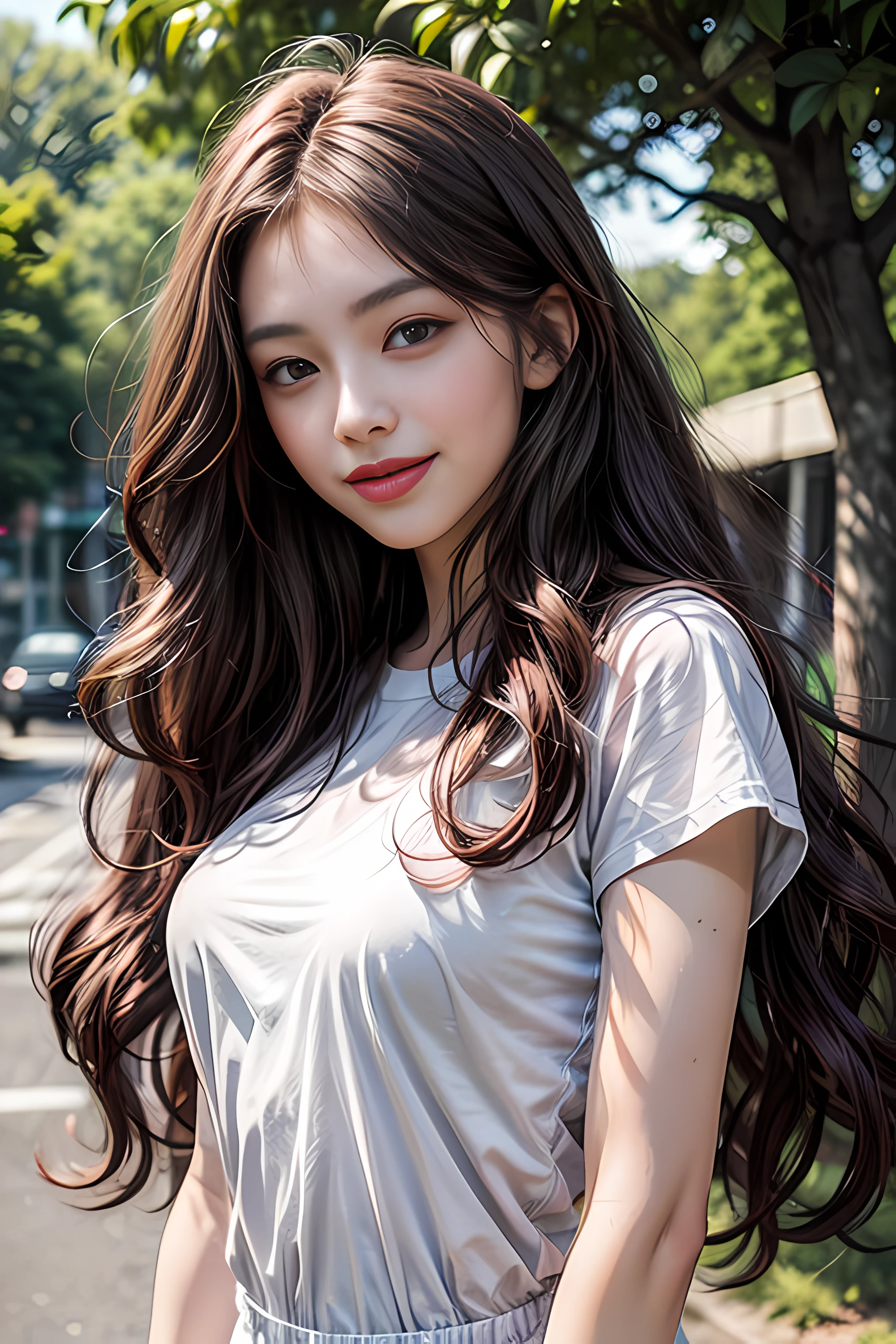 detailed eyes, detailed face, best quality , smile, (facing front), looking at viewer, white shirt, sunny day, outdoor, 1girl upperbody, dark purple red chocolate color hair dye, long way hair, thin hair, long wave hair, wavy hair, ombre hair, curly hair