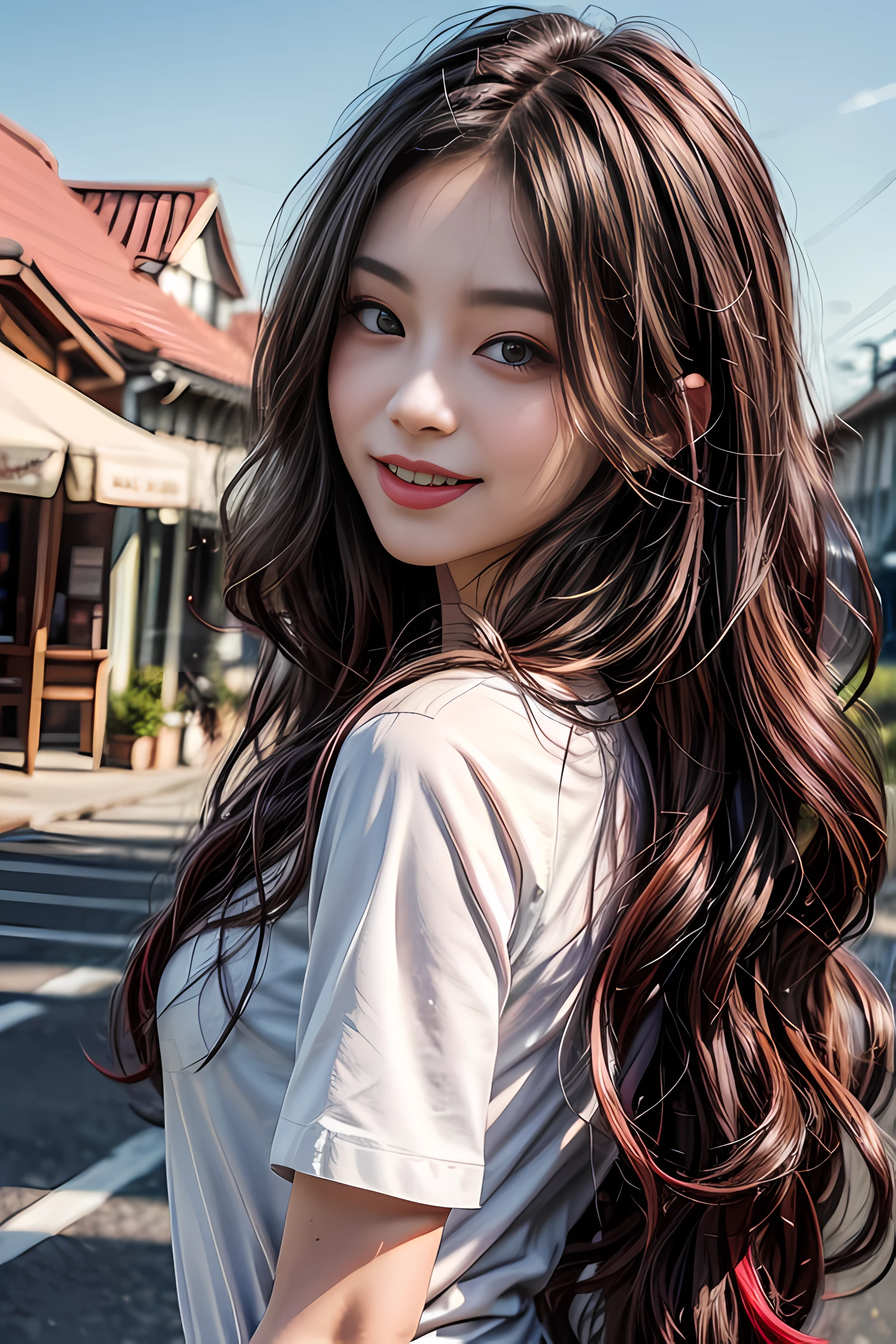 detailed eyes, detailed face, best quality , smile, (facing front), looking at viewer, white shirt, sunny day, outdoor, 1girl upperbody, dark purple red chocolate color hair dye, long way hair, thin hair, long wave hair, wavy hair, ombre hair, curly hair