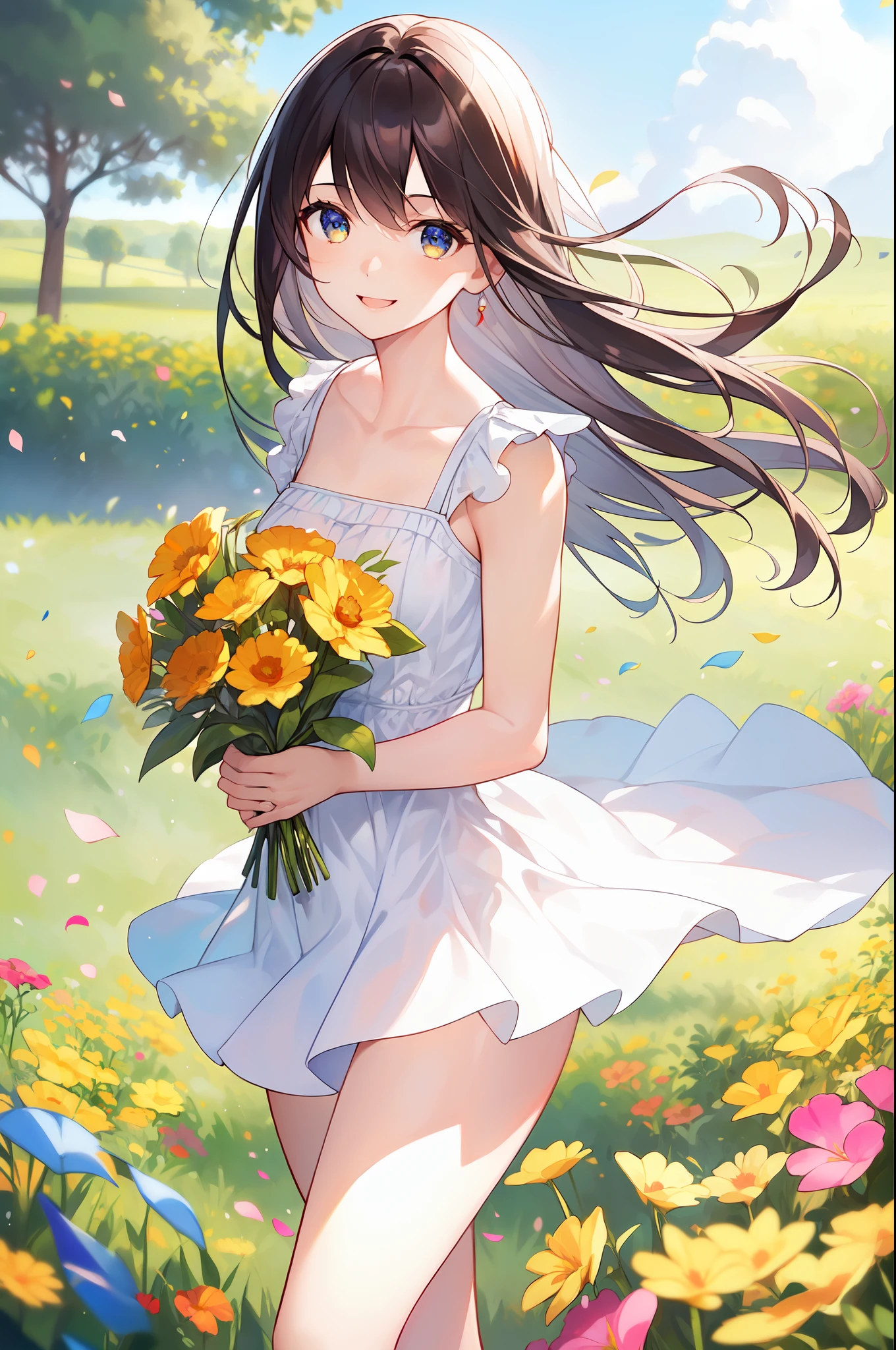 A girl holding flowers, colorful petal floating in the sky, meadow, happy, perfect quality, clear focus (clutter-home: 0.8), (masterpiece: 1.2) (Realistic: 1.2) (Bokeh) (Best quality) (Detailed skin: 1.3) (Intricate details) (8K) (Detail Eyes) (Sharp Focus), (Happy)