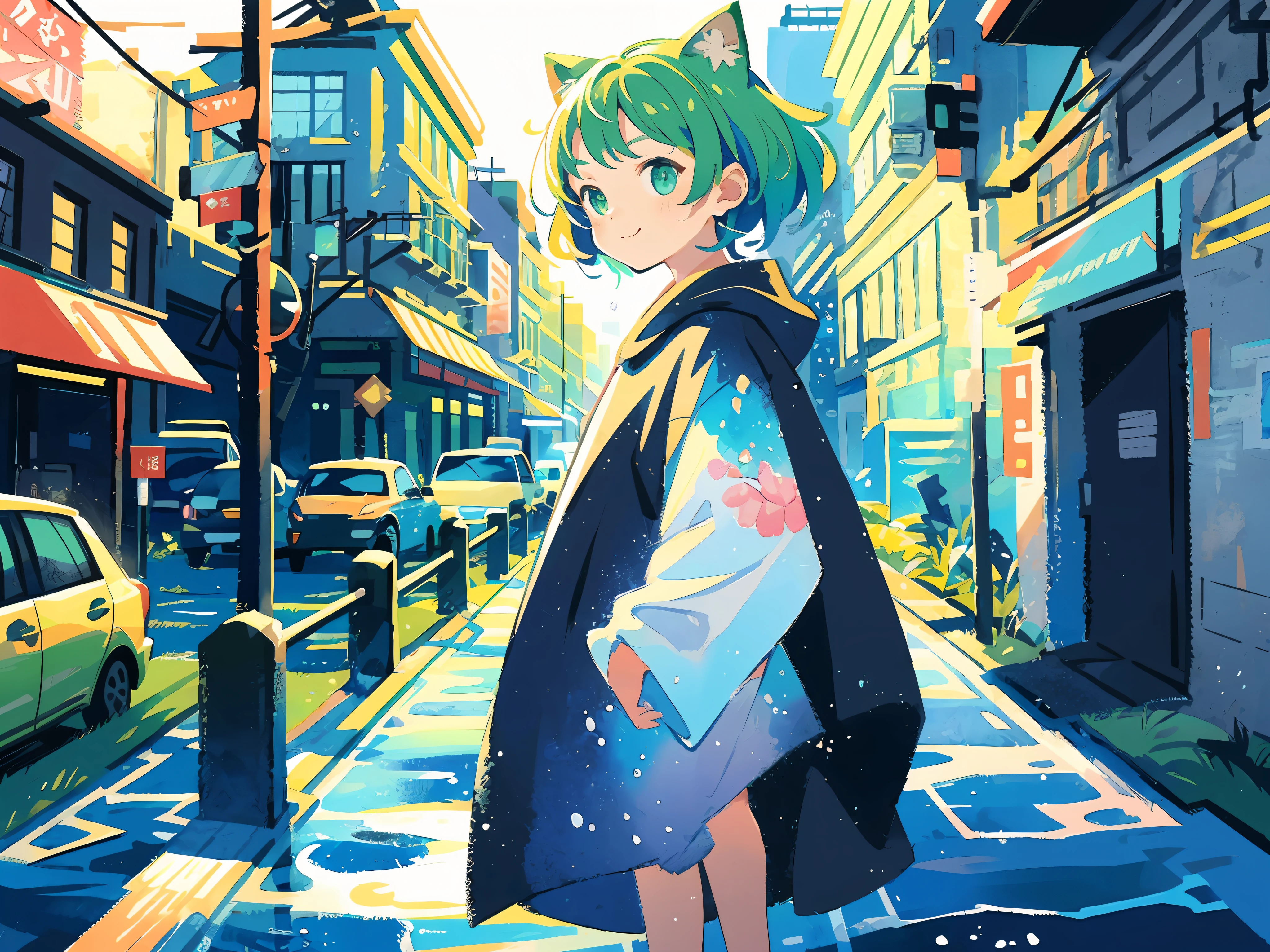 (best qualiy)、(masterwork:1.2)、(colorfully:0.9)、((Ink splashing))、(Color scattering)、(water colors)、Crisp focus、model shot、(((fullbody)))、
(Summer portrait:1.5)、Cute look、cat ear、Elegant green hair、beautyfull detailed face and eyes、Cute clothes、((Urban city background))、TOKYOcty、
colorwater、Urban cityscape