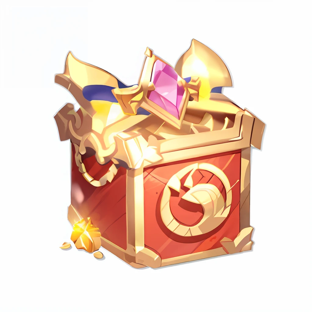 A close-up of a box,There is a crown on it, treasure artifact, loot box, chest, treasure box, little chest, ability image, treasure chest, plate armored chest, treasure, Unknown, front of the treasure box, Large chest, magical artifact, item art, strong chest, hyperdetailed object, lina, gold and treasure, Artifact