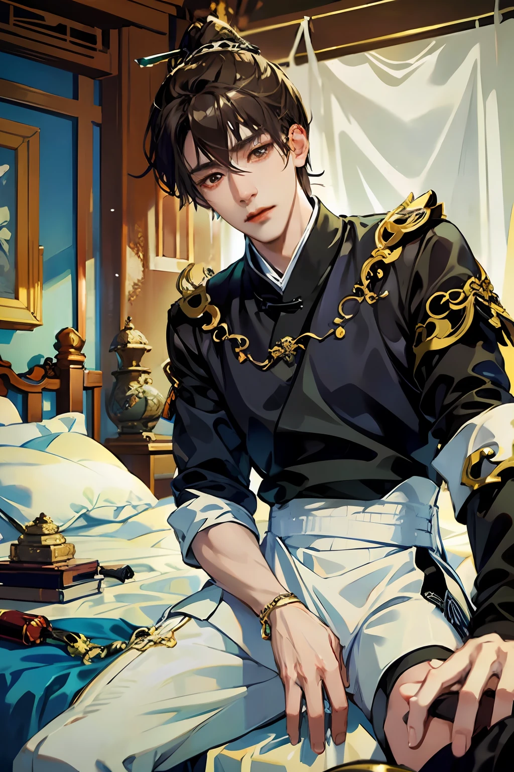 (absurdities,high - resolution,hyper detailed,HDR), master-piece, best qulity, fantasy,1boys, 独奏, handsome, Dark brown hair, Fine eyes and detailed face, Embellished with a black shirt, Add white shorts, Pale and fair complexion, Ear stitching, indoor environment, sitting on a bed, Cross-legged position, There is a wasteland in the background, The protagonist Qin Feng fell into despair, Loudly questioning if anyone was playing with him like that。