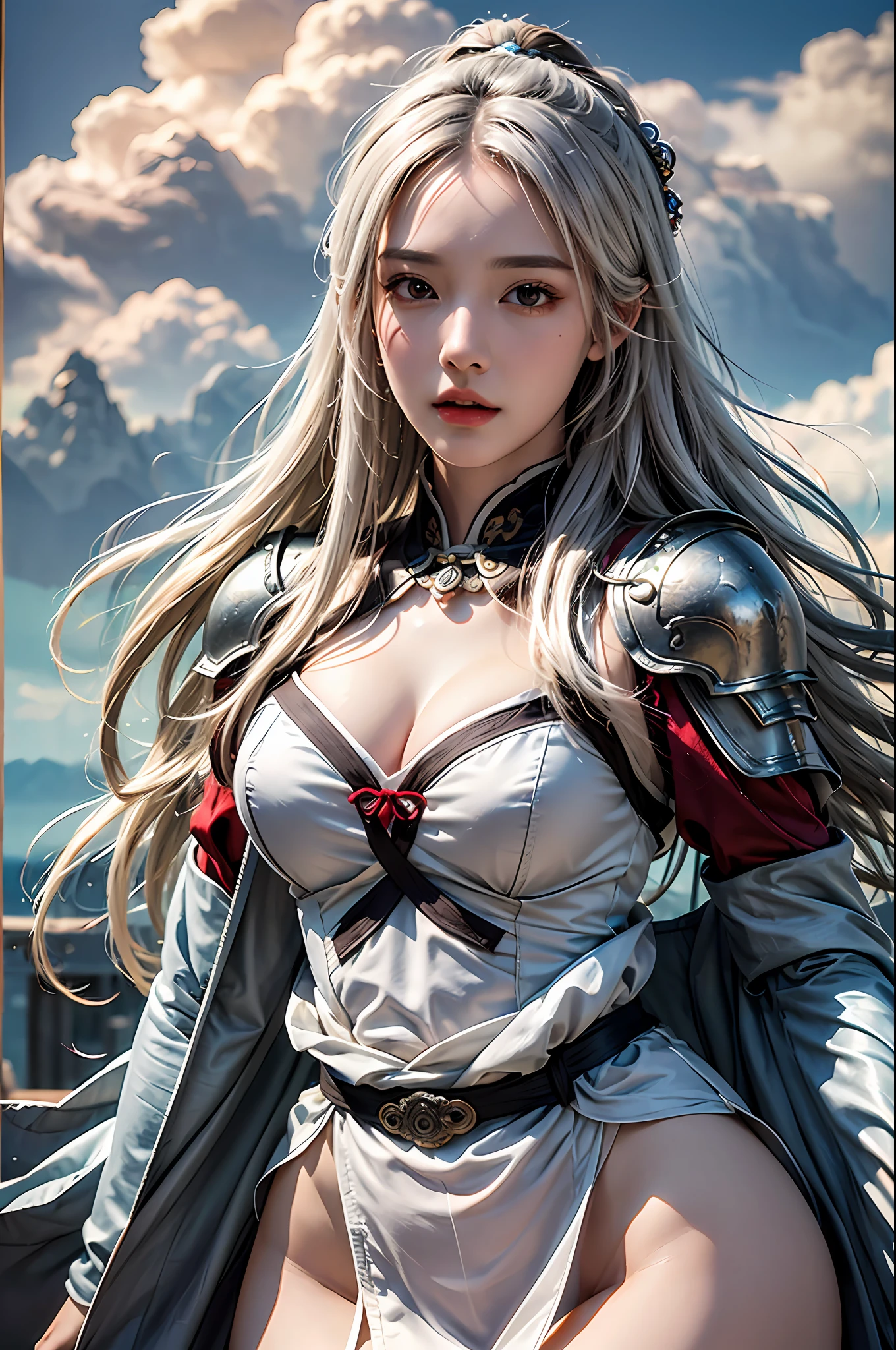 best quality, masterpiece, ultra-detailed, detailed light, (RAW photo:1.2), (photorealistic:1.4),(masterpiece:1.3),(best quality:1.4) 1girl, detailed face, solo, waist up, long hair, sky, dress, armor, cloud, chinese clothes