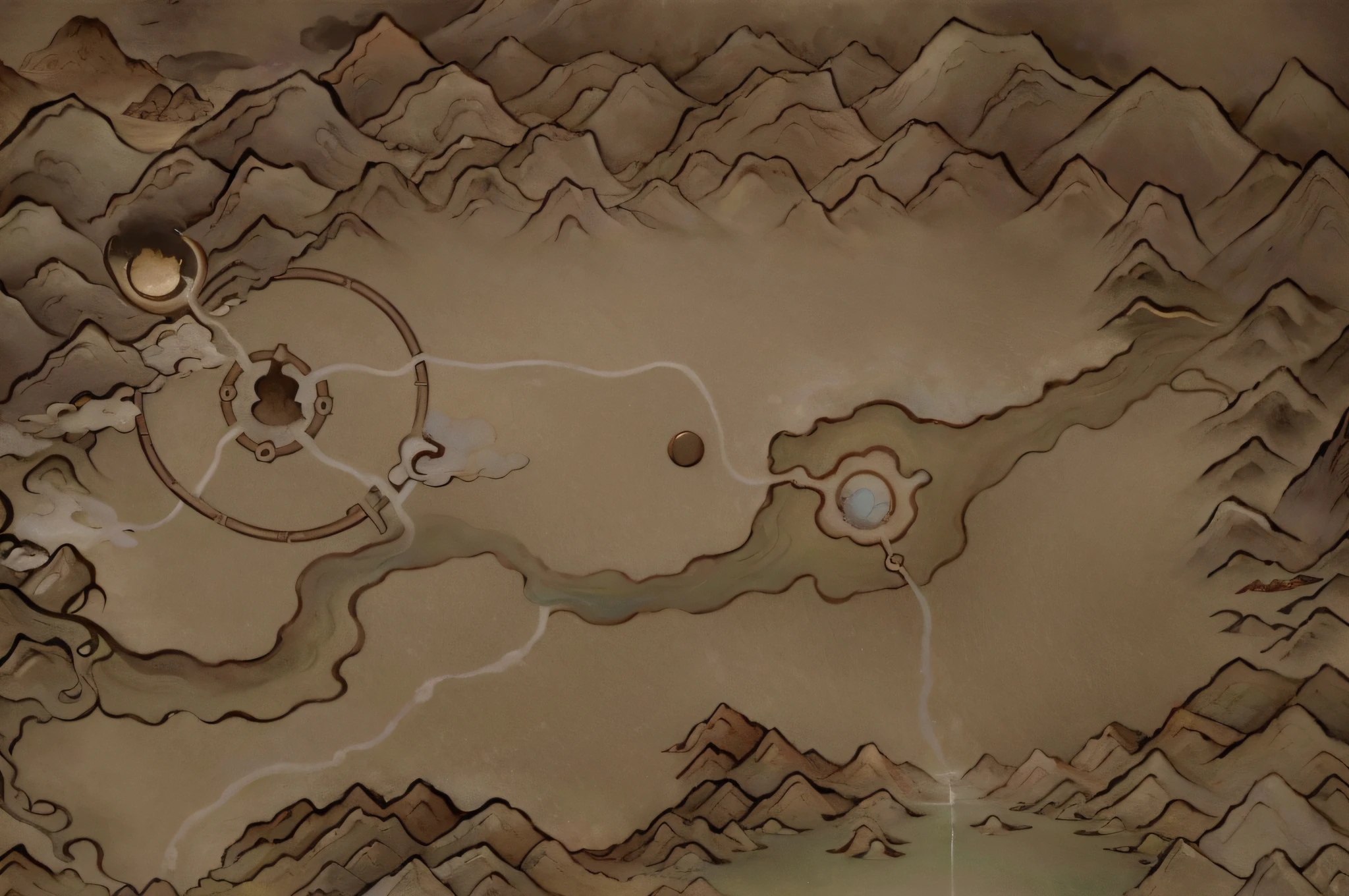 (map), a map of rpg game, detailed, mountains, rivers, auspicious clouds, masterpieces, holding, super detail, epic composition, ultra HD, high quality, extremely detailed, official art, unified 8k wallpaper, Super detail, 32k -- v 6, no sunshine, ((desert))