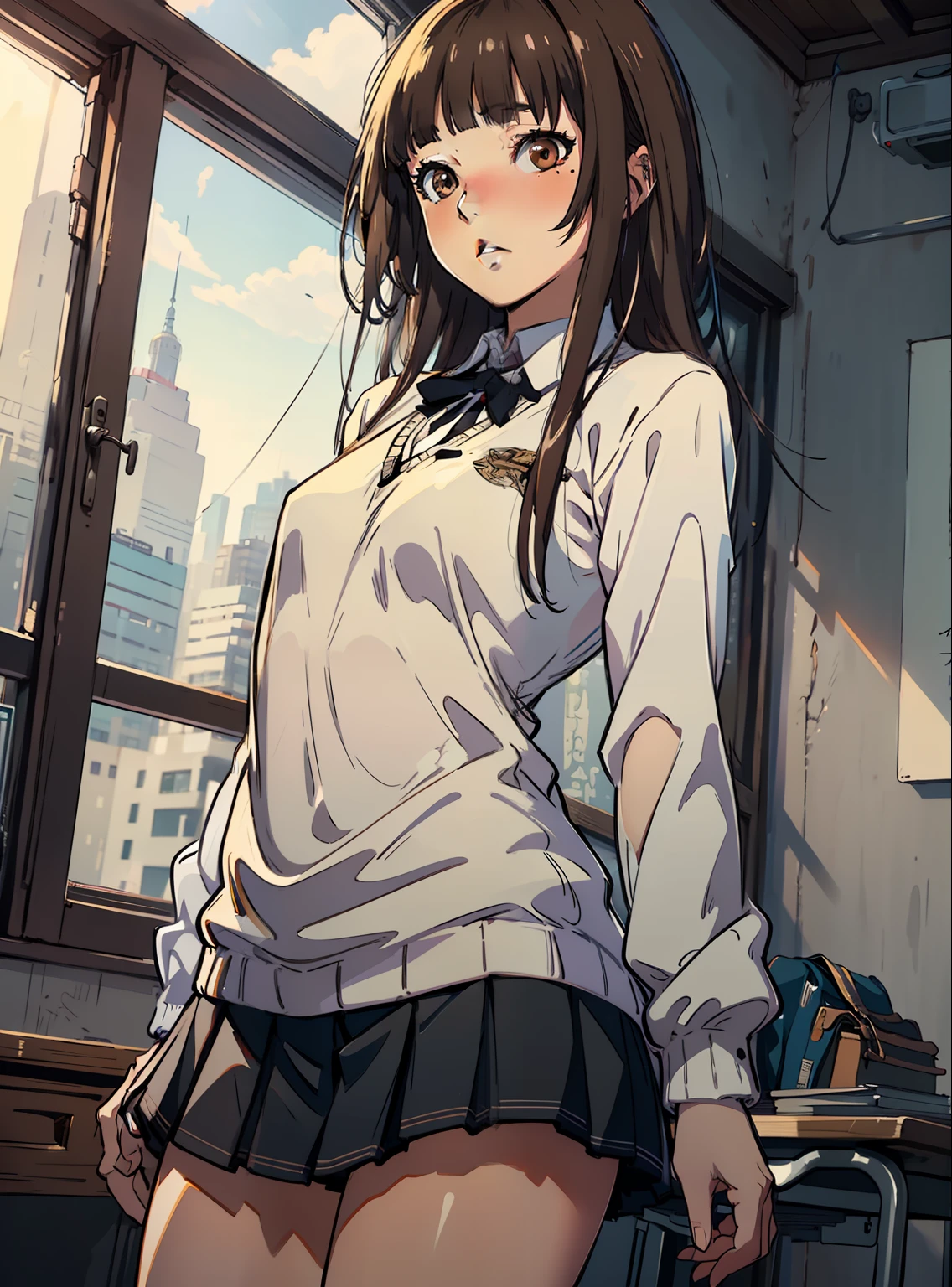 ((masterpiece,Best Quality)), high - resolution, High resolution, depth_de_nobara, Cowboy Shot, 独奏, 1girls, KR1, Brown eyes, Long hair, Blunt bangs, kibito high school uniform, sweater, Pleated skirt, socks, Small breasts, class room,