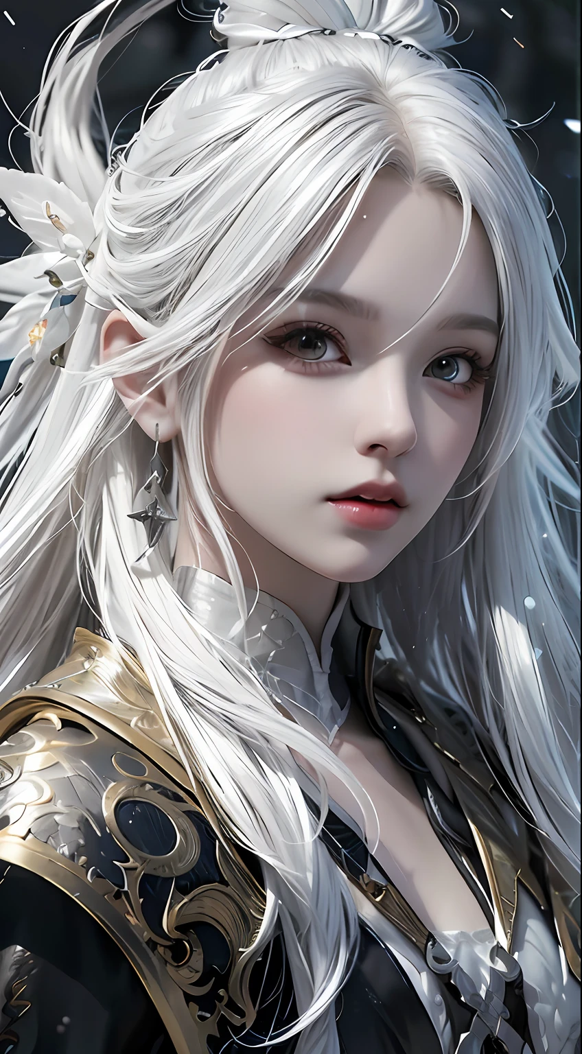 a close up of a woman with white hair and a black outfit, white haired, Girl with white hair, white haired, perfect white-haired girl, Beautiful character painting, detailed white long hair, Stunning character art, white haired deity, girl silver hair, fantasy art style, digital fantasy art ), Fanart Meilleure ArtStation, white haired lady, author:Fan Qi