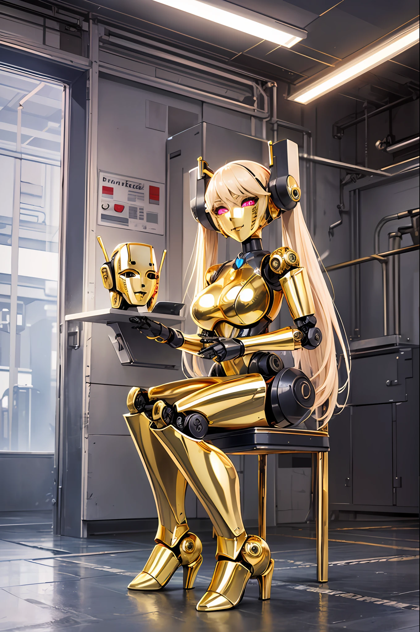 (best-quality:0.8), (best-quality:0.8) , robot girl with shiny gold metallic skin, factory, (shiny gold plastic robot face:1.7), (long plastic hair:1), large breasts, blonde hair, glowing eyes, twintails, full body, happy, sitting on chair, sparks, high heels