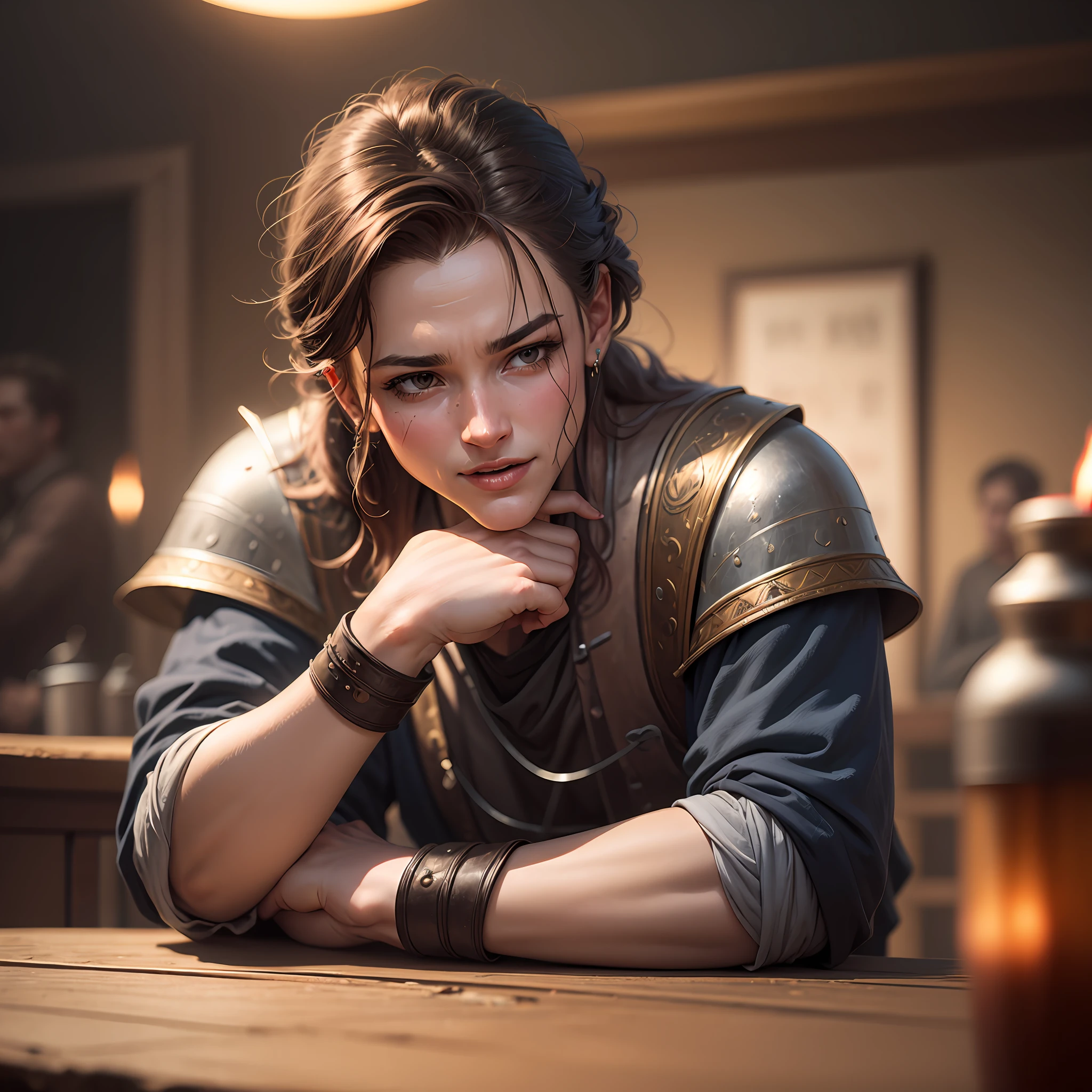 Dark tavern in Italy 1200s Middle Ages. A cheerful bald male warrior sits at a table and cleans a sword, a close-up portrait in old worn out clothes, in the background a very beautiful girl hugs his shoulders. Disney Pixar style, super photorealistic, cinematic. Dark blurred background of a tavern with dim light from a candle. 8k --auto --s2