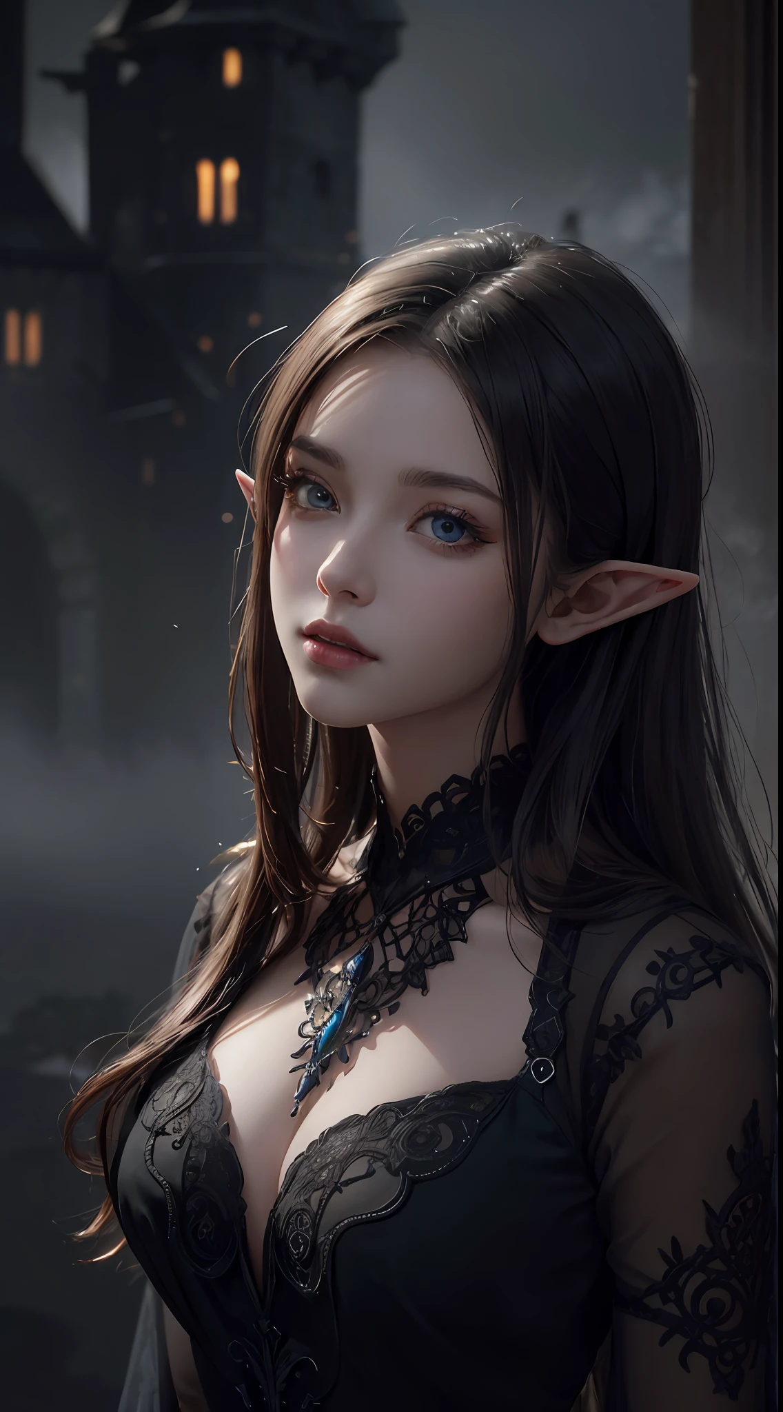 (masterpiece, best quality, award winning, highres), close up portrait, 1 beautiful female elf, skinny, tall, wearing black dress, intricate and beautiful design, highly detailed beautiful face, attractive, seductive gaze, castle, foggy, shadowy, dark, eerie, mysterious, fantasy art, hyper realistic, extremely CG detail, octane render