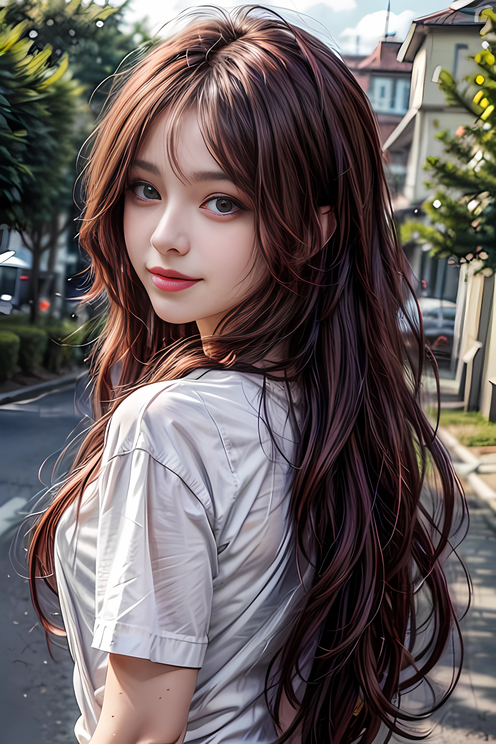 detailed eyes, detailed face, best quality , smile, (facing front) , back, do not looking at viewer, white shirt, sunny day, outdoor, 1girl upperbody, dark purple red chocolate color hair dye, long way hair, thin hair, long wave hair, wavy hair, ombre hair, curly hair