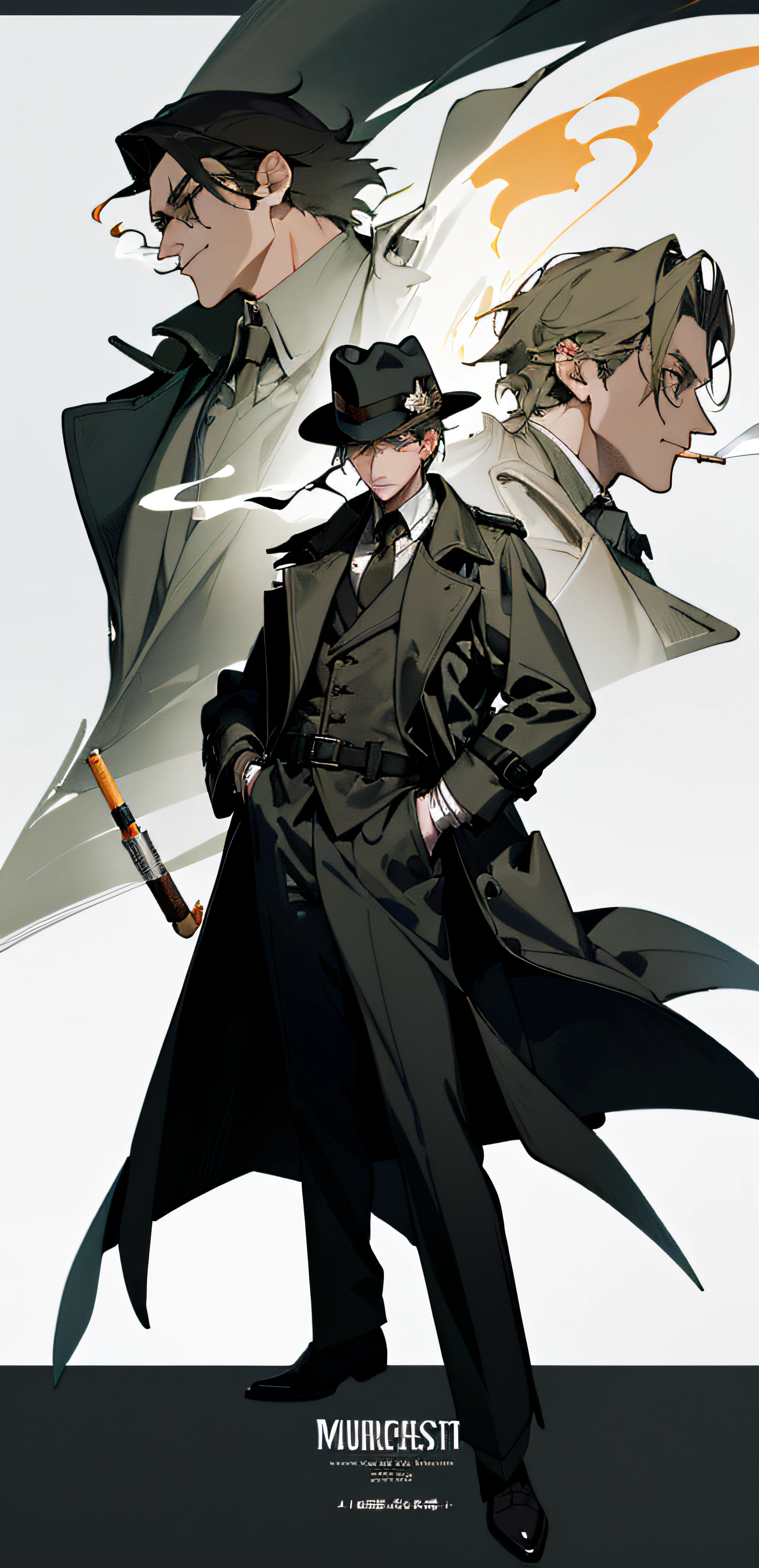 a drawing of a man in a trench coat and hat smoking a cigarette, professor clothes, inspired by William Mustart Lockhart, detective clothes, inspired by Alexander Sharpe Ross, ( ( wearing a long coat ) ), clothed in ancient suit, he is wearing a trenchcoat, inspired by Max Magnus Norman, inspired by Hisui Sugiura, official character art