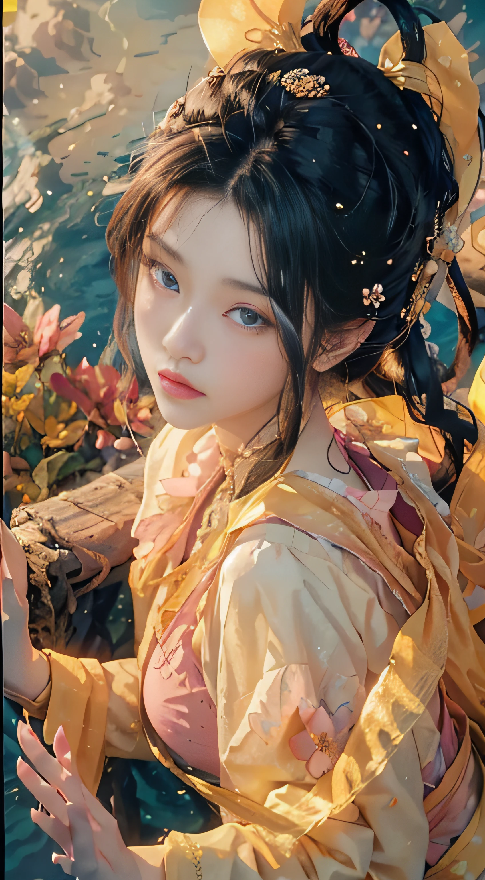 (from above) the best quality, masterpiece, realistic photos, intricate details, raw photos, photon rendering, octane rendering, ridiculous, super detailed, detailed face, detailed skin, trends on artstation, 8k masterpiece, movie lighting, flowers of death, flowers of ecstasy, flowers on the head, a beautiful girl, anime style girl, blue eyes, long black hair, wearing light yellow, shiny, long sleeves, open chest, long skirt swimsuit, pink, white, and yellow, above the heart pose, In front of the beach and bright blue sky with clouds above, palm trees in the background on both sides of the picture, and a lot of blue and yellow fish swimming around in the sea