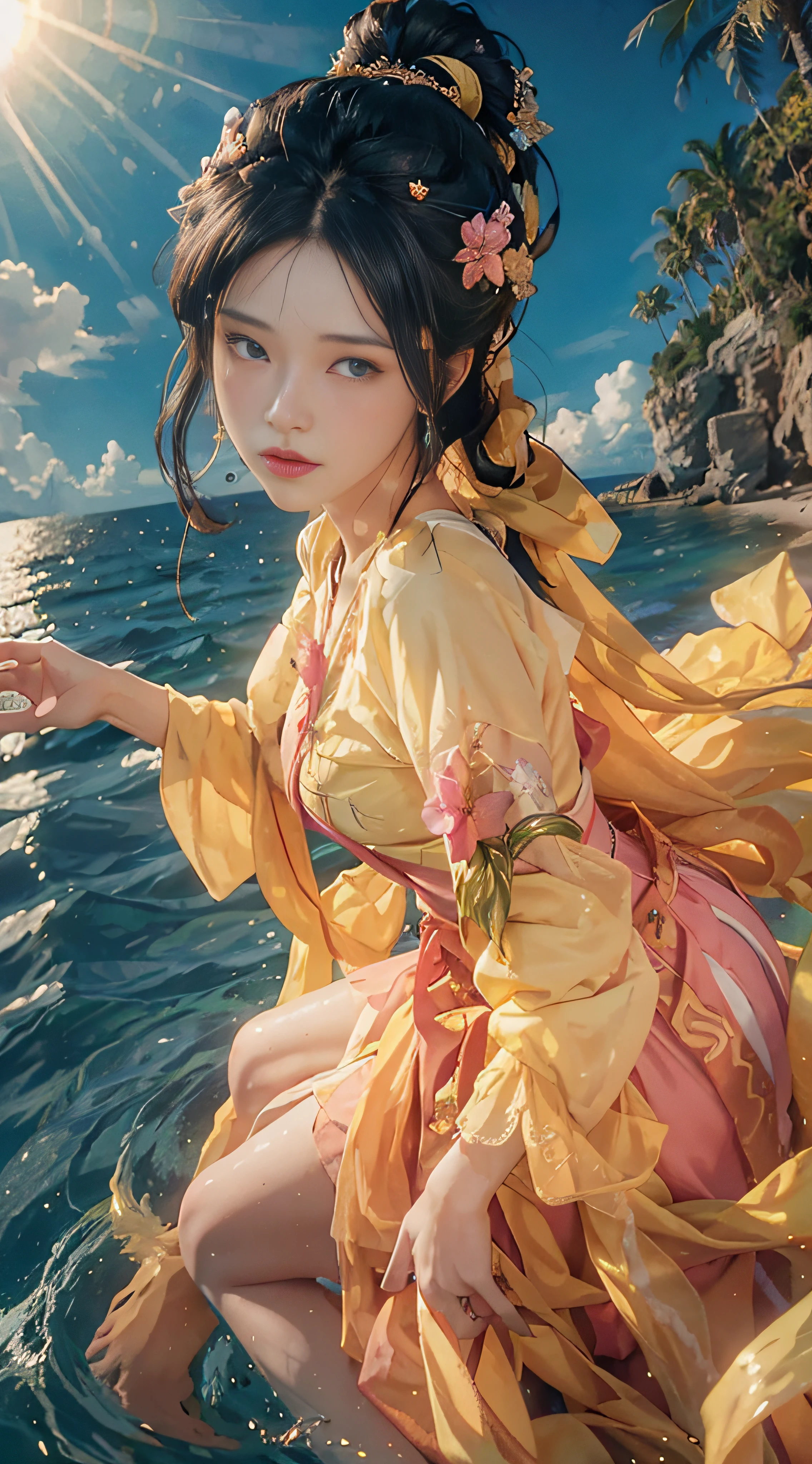 (from above) (free angle) (random action) best quality, masterpiece, realistic photos, intricate details, raw photos, photon rendering, octane rendering, ridiculous, super detailed, detailed face, detailed skin, trends on artstation, 8k masterpiece, movie lighting, flower of death, flower of ecstasy, flowers on her head, a beautiful maiden, anime style girl, blue eyes, long black hair, wearing light yellow, shiny, long sleeves, open chest, long skirt swimsuit, pink, white, And yellow, heart pose above, in front of the beach and bright blue sky with clouds above, palm trees in the background on both sides of the picture, and a lot of blue and yellow fish swimming around in the sea