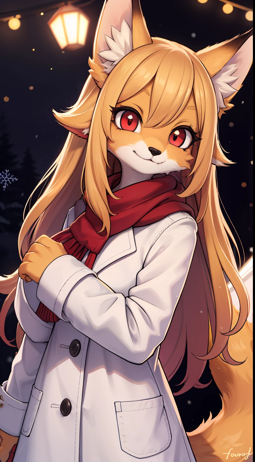 girl fox,was hairy,shaggy,Golden fur,Golden yellow face fur,Long blonde hair,Bright pupils,smiley,Red eyes,Super cute face,Brown elements on fur,White coat,Beautiful lights and shadows,Ambient light,Ultra-fine fur,Volumetric light,Night,natural day light,smiled,Fluffy tail,Color Contact Lenses,Christmas background,nevando
