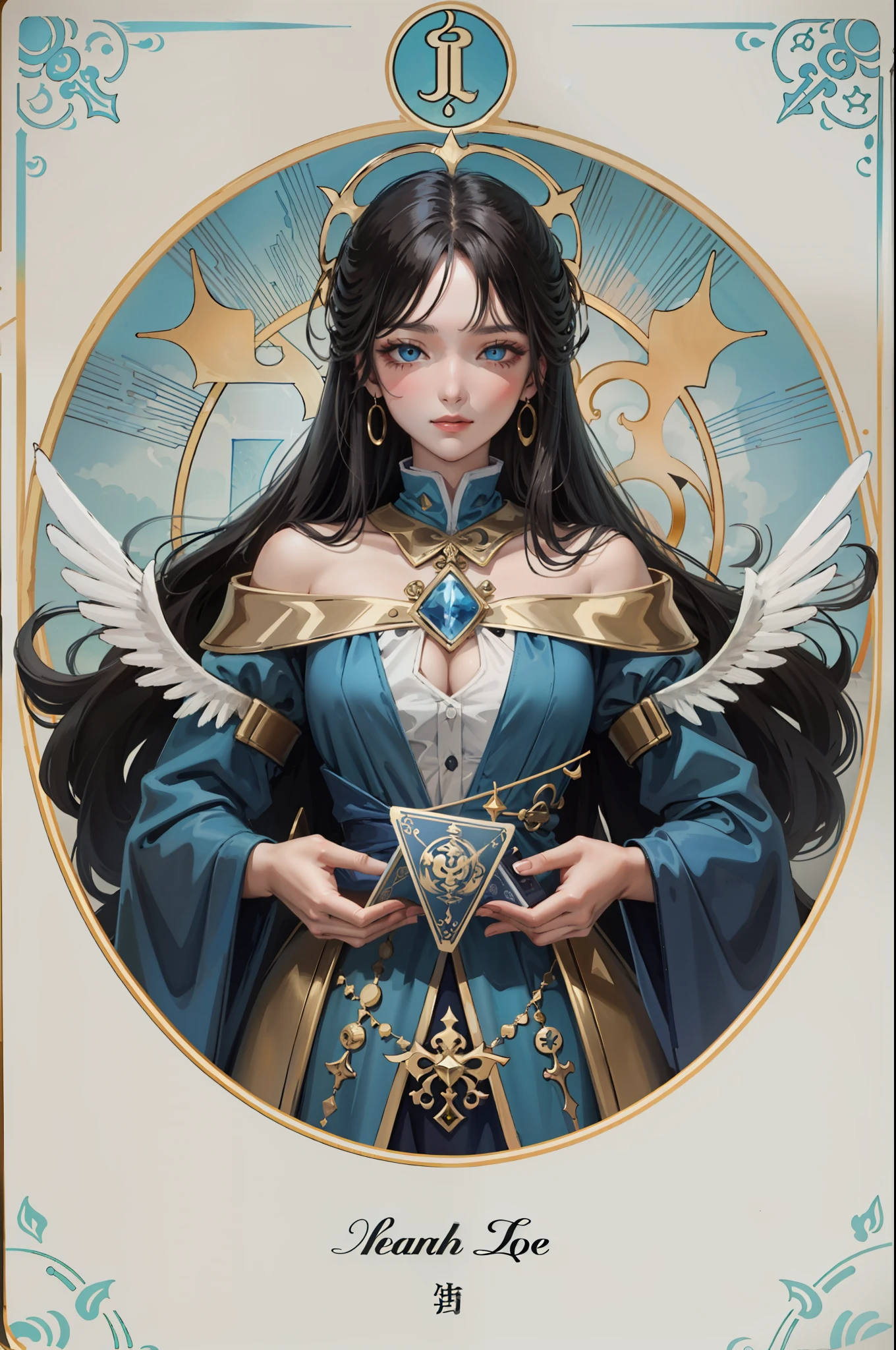 White hair,Luminous eyes,(Detailed eyes),Hua Dian,(Exposed breasts:2.3),(off shoulders:1.1),Cleavage,smallbreasts,(Bright pupils:1.1)Hair facing up,beautiful celestial mage,a beautiful fantasy empress,tarot design, tarot card art, high detaild + tarot cards, art nouveau tarot style, art deco shaman, tarot card art, tarot design,(The Masterpiece,high qualit,high - resolution,Highest image quality)