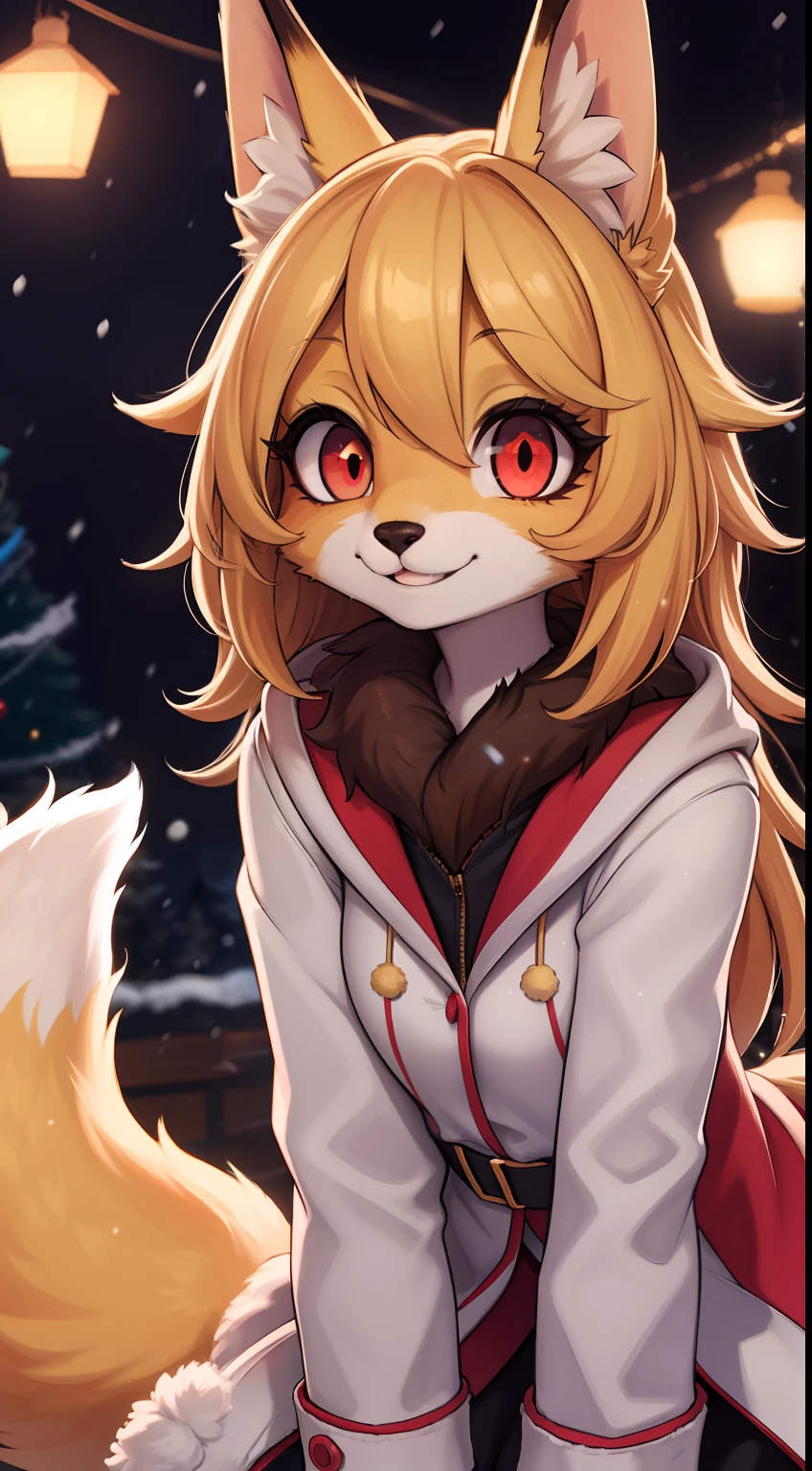 girl fox,was hairy,shaggy,Golden fur,Golden yellow face fur,Long blonde hair,Bright pupils,smiley,Red eyes,Super cute face,Brown elements on fur,White coat,Beautiful lights and shadows,Ambient light,Ultra-fine fur,Volumetric light,Night,natural day light,smiled,Fluffy tail,Color Contact Lenses,Christmas background,nevando