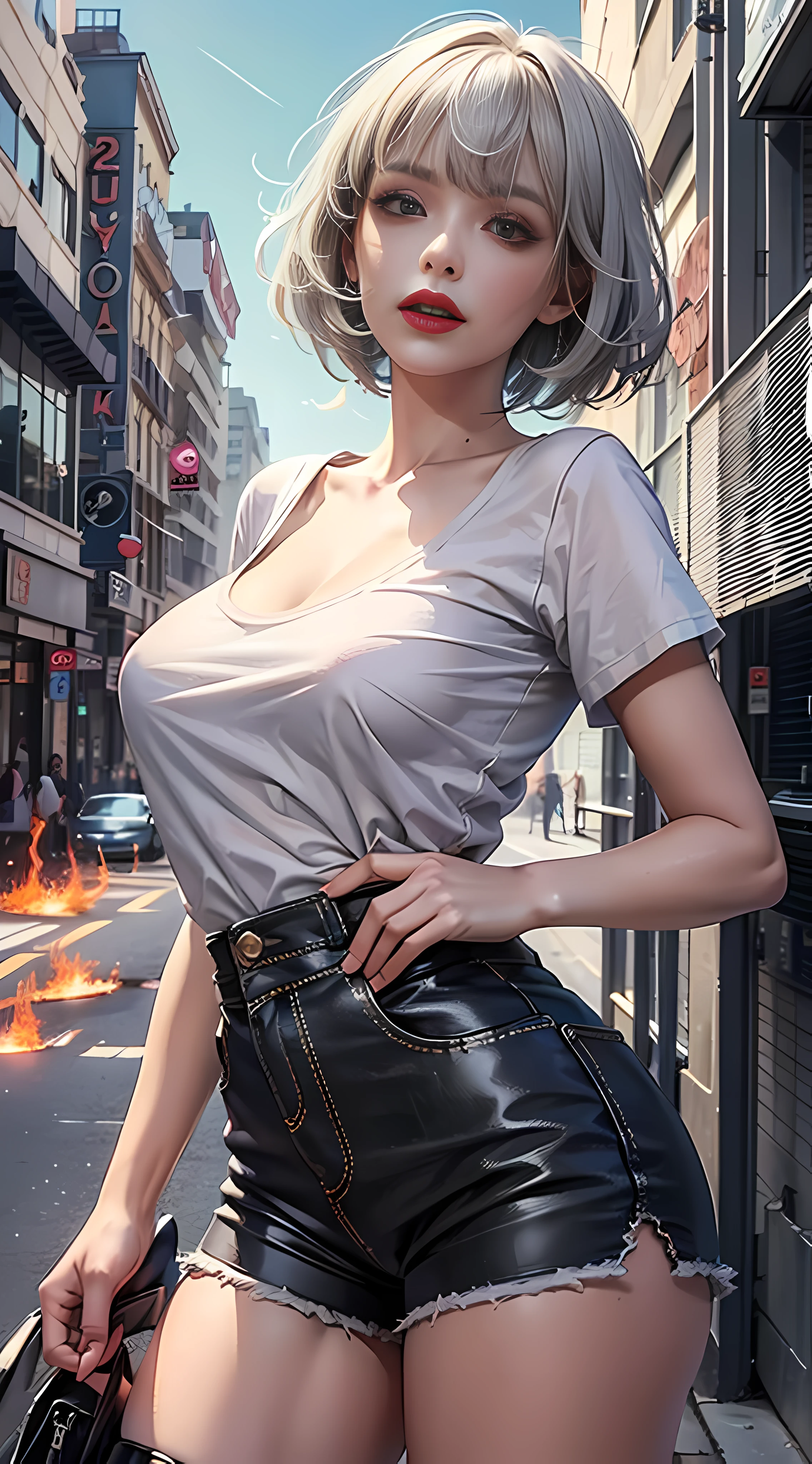 Ultra high quality,8K,gal girl,Sexy and feminine, high and cold,Enchanting,The head proportions are perfect,Short black and gray hair,Wear T-shirt shorts,Flaming red lips,Swan neck,the sun is shining wide shot,