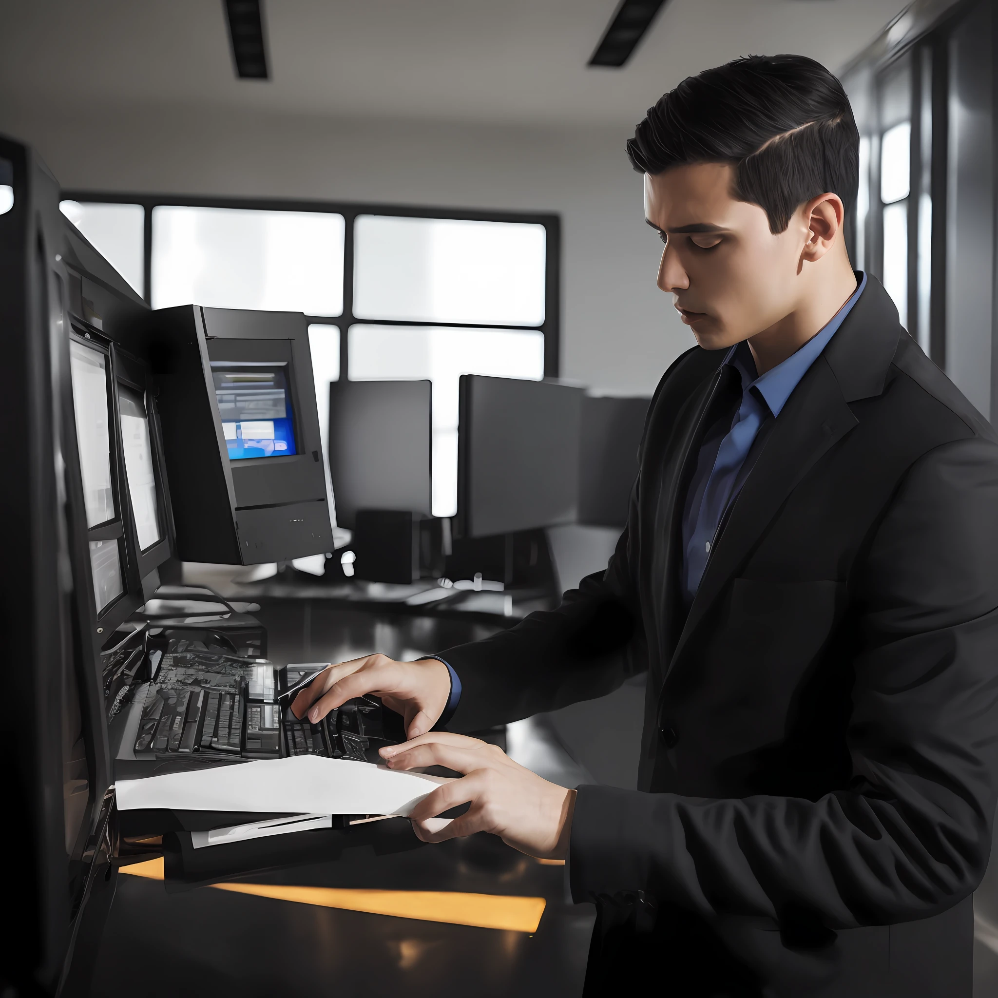 A young businessman. Short black hair. Shirt. Black. Black coat.. Steady face. In a dimly lit room.He is handling the computer properly --auto