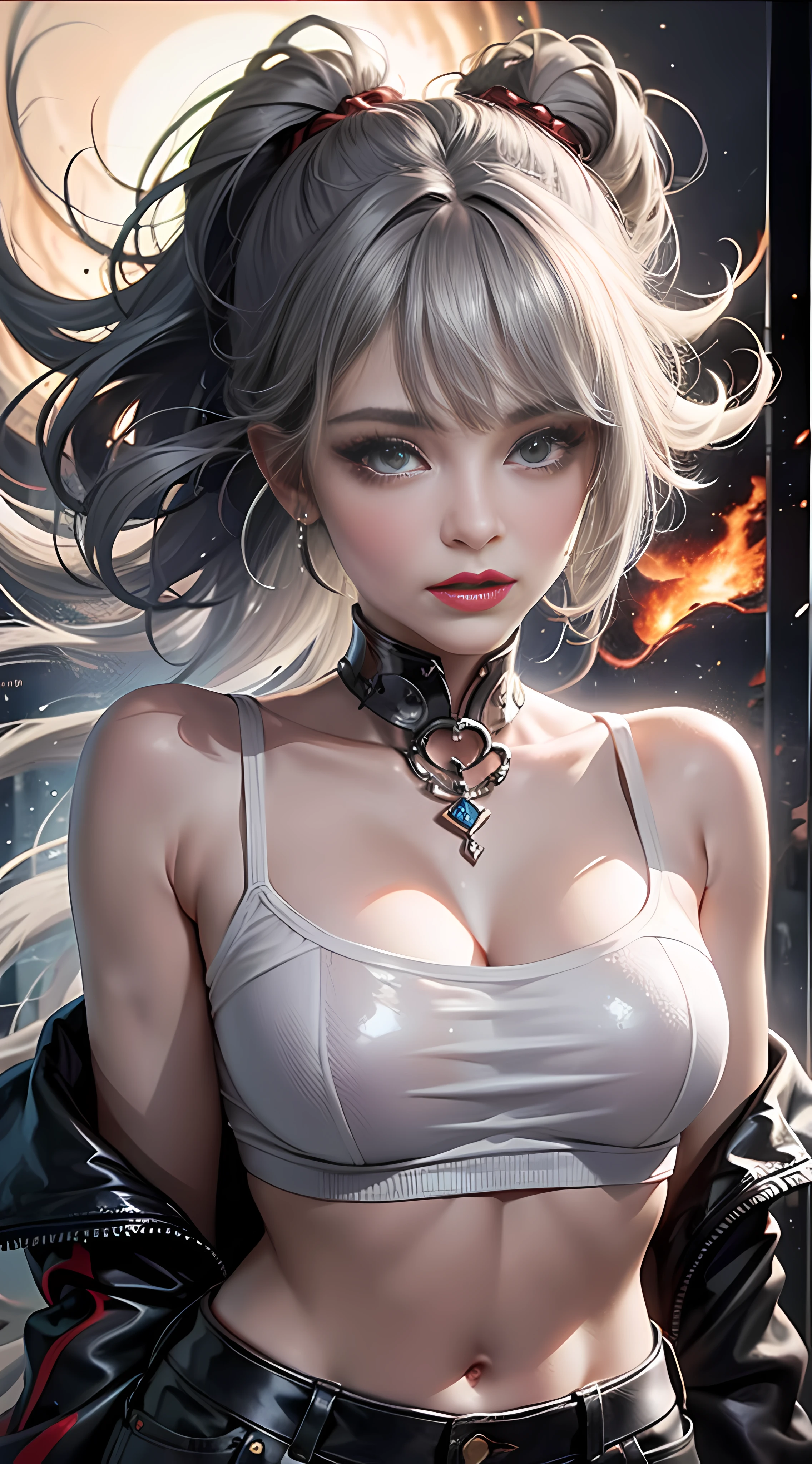 Ultra high quality，8K，gal girl，Sexy and feminine, high and cold，Enchanting，The head proportions are perfect，Short black and gray hair，Wear T-shirt shorts，Flaming red lips，Swan neck，the sun is shining wide shot，