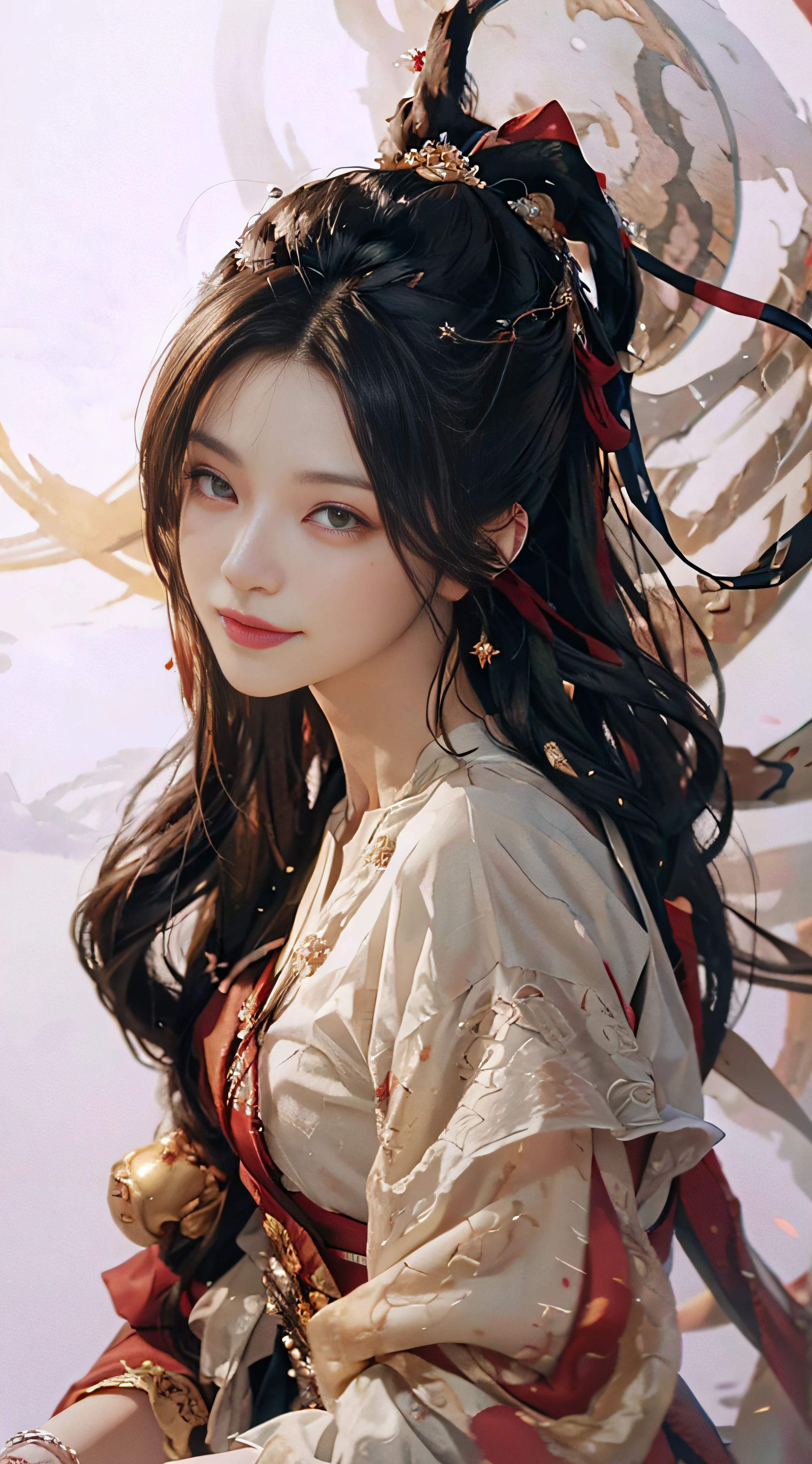 (from above) (smile) (free angle) (random action) best quality, masterpiece, realistic photos, intricate details, raw photos, photon rendering, octane rendering, ridiculous, super detailed, detailed face, detailed skin, trends on artstation, 8k masterpiece, cinematic lighting, acura, gazing \ (genshin impact\), long hair, red eyes, looking at the audience, white background, simple background,