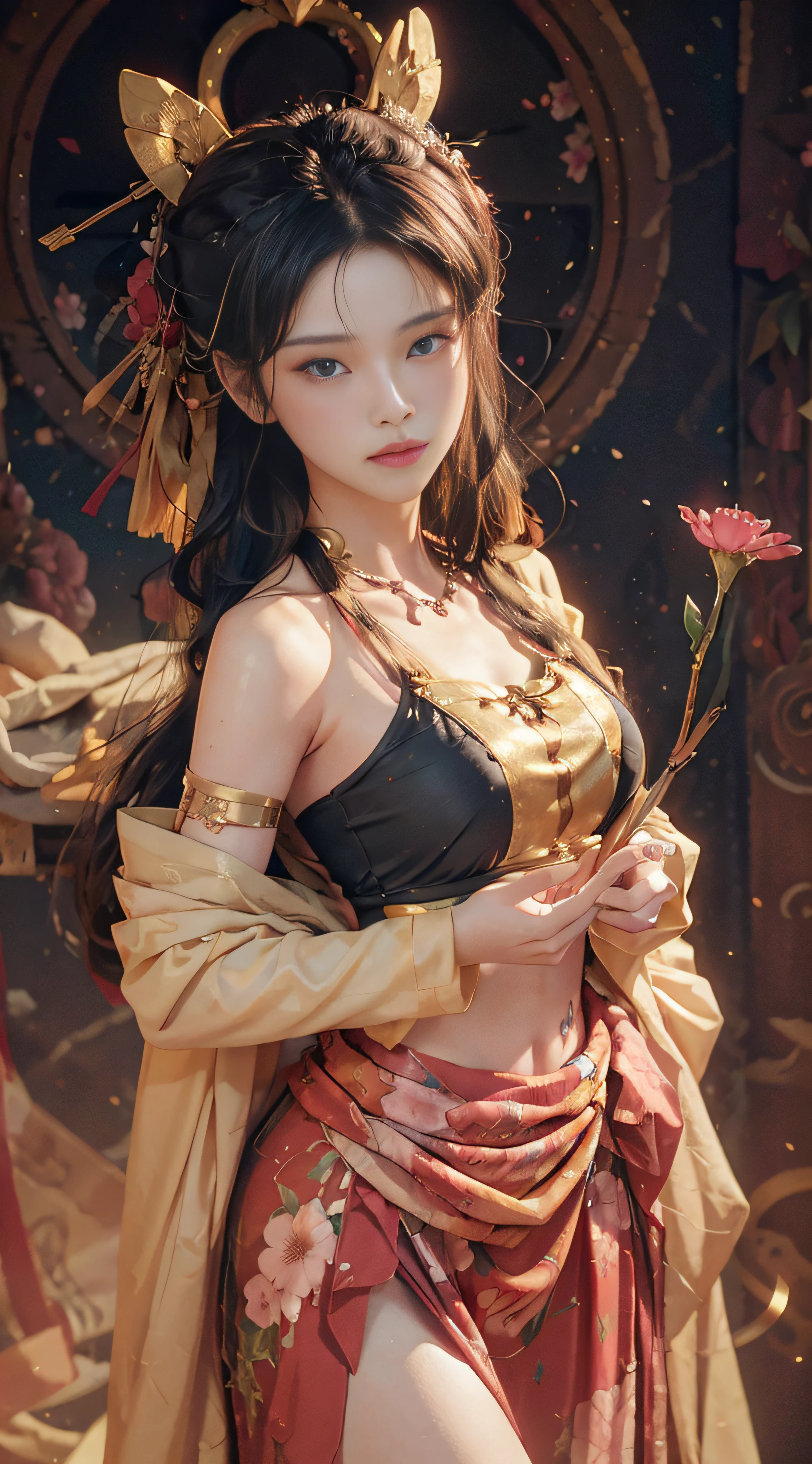 Masterpiece, realistic photos, intricate details, raw photos, photon rendering, octane rendering, ridiculous, super detailed, detailed face, detailed skin, trends on artstation, 8k masterpiece, movie lighting, flower of death, flower of ecstasy, flowers on the head, a beautiful maiden, anime style girl, blue eyes, long black hair, wearing light yellow, shiny, long sleeves, open chest, long skirt swimsuit, pink,