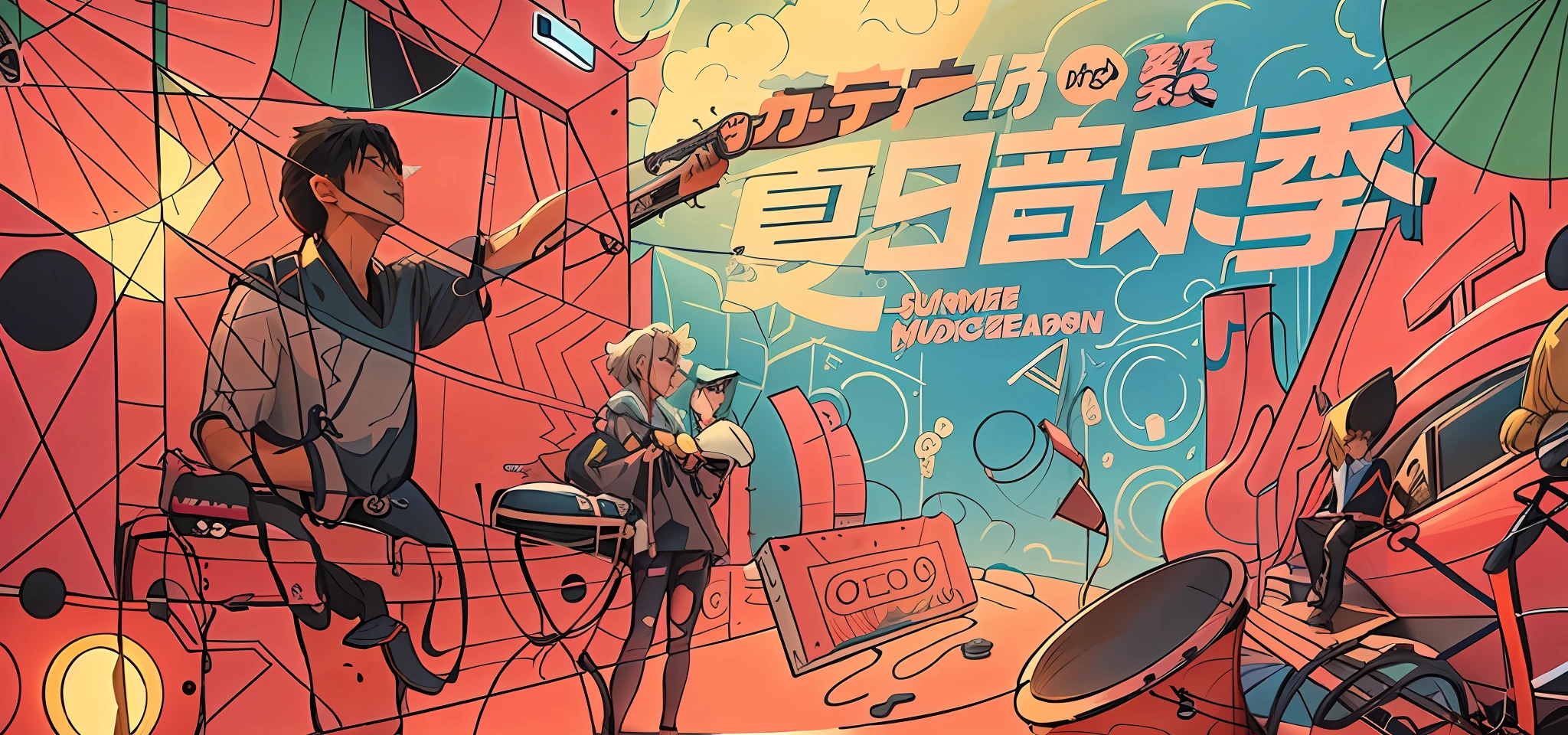 anime characters are standing in a line with a background of doodles,Official artwork,promo art,anime cover,highschool background,high detailed official artwork,album artwork,Key visual concept for high quality anime,Musical performance,High-quality anime with higher details,Highly detailed music album cover,promotional artwork,High-quality fanart,summertime,music album art。