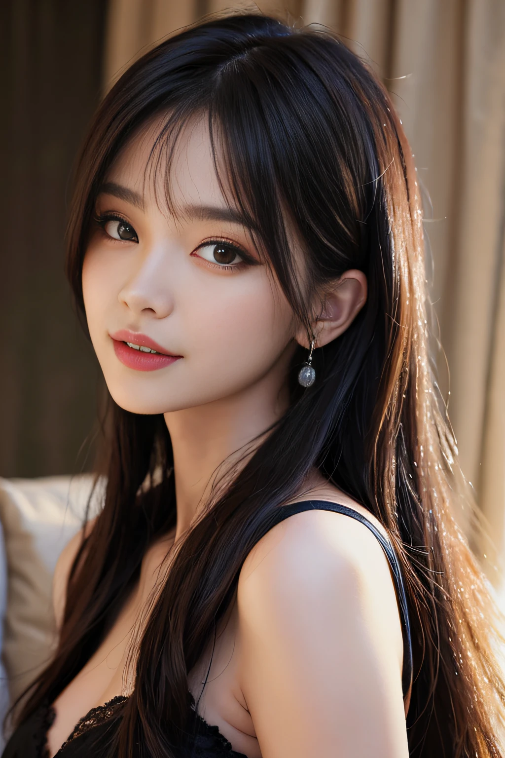 Masterpiece, best picture quality, high quality, beautiful woman, Japanese, popular Korean makeup, detailed, swollen eyes, detailed eyes, detailed skin, beautiful skin, ultra high resolution, (reality: 1.4),very beautiful, slightly younger face, beautiful skin, slender, (ultra realistic), (illustration), (high resolution), (8K), (very detailed) (best illustration), (beautifully detailed eyes), (super detailed), (wallpaper), (detailed face), looking at viewer, fine detail, detailed face, pureerosfaceace_v1, smiling, looking straight ahead, looking straight ahead, angle from waist up, realistic photo, bright lighting, professional lighting, black hair (some green), long hair, dark ruins, big red moon, gorgeous red and black dress, mature woman, long stylish bangs,