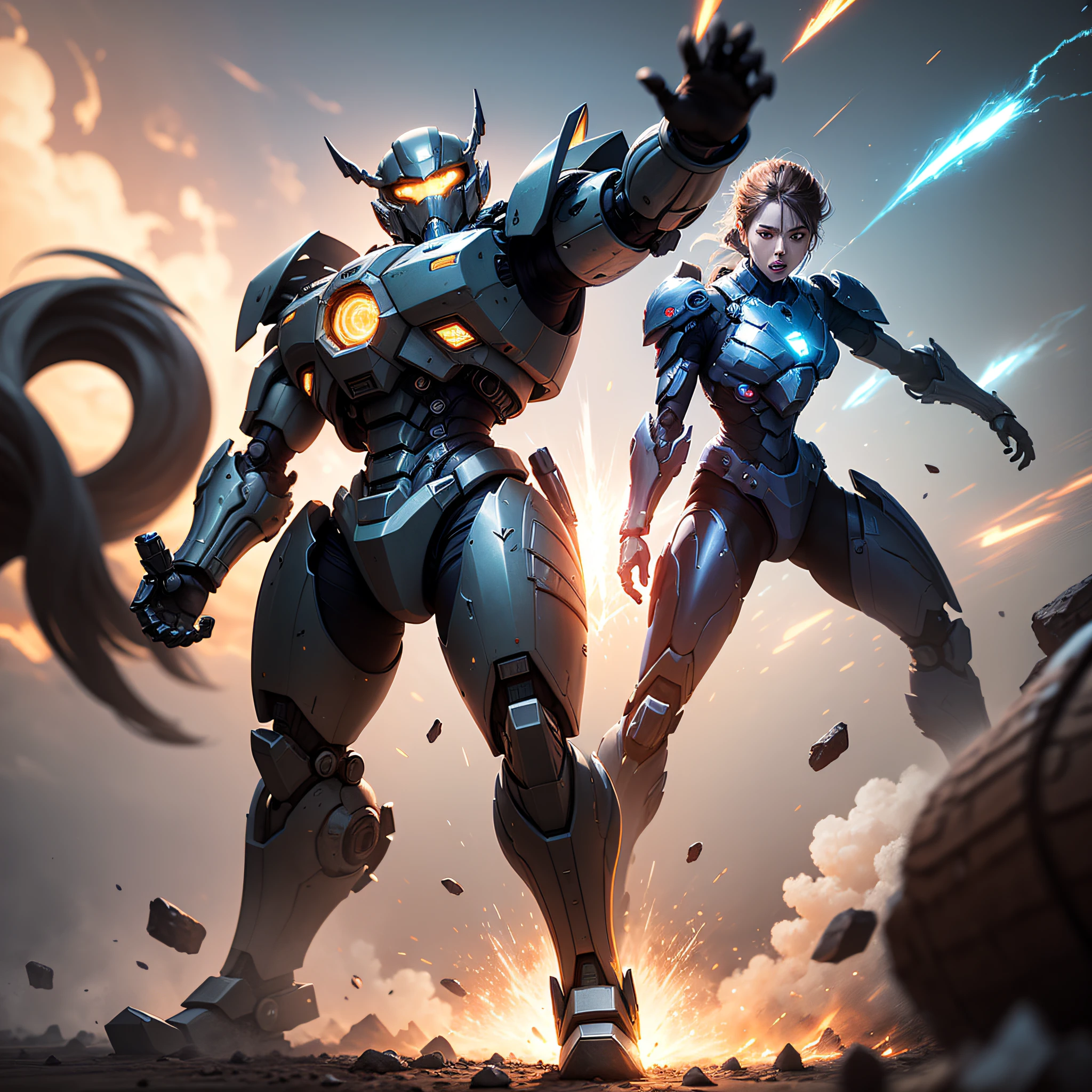 Up, High quality CG effect, Realistic details, dynamicpose, Exciting battle scenes, Cool mech design, Bright lights, Dazzling special effects, Battle spark, Motion tracking, High-speed motion, Powerful weapons, Fierce battles, Amazing explosion effect。 --auto