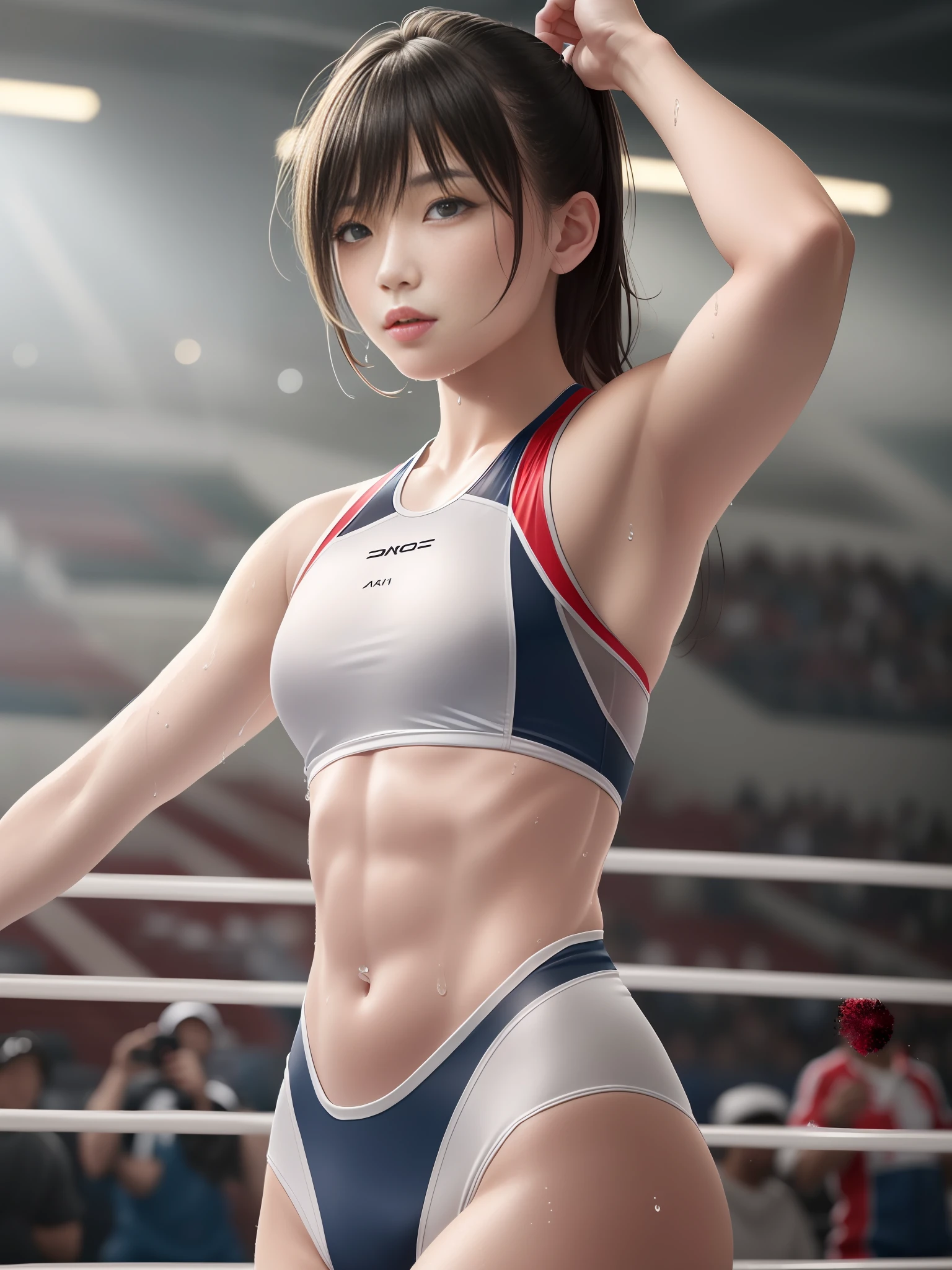 Absurdres, hdr, ultra detailed illustration,1beatiful girl, extremely detailed face, RAW photo, film grain, skin pores, trending on deviantart,wrestling uniform,small  delicate face,large breasts,tone abs,wet skins sweat,wrestling venue,dynamic pose,dramatic light