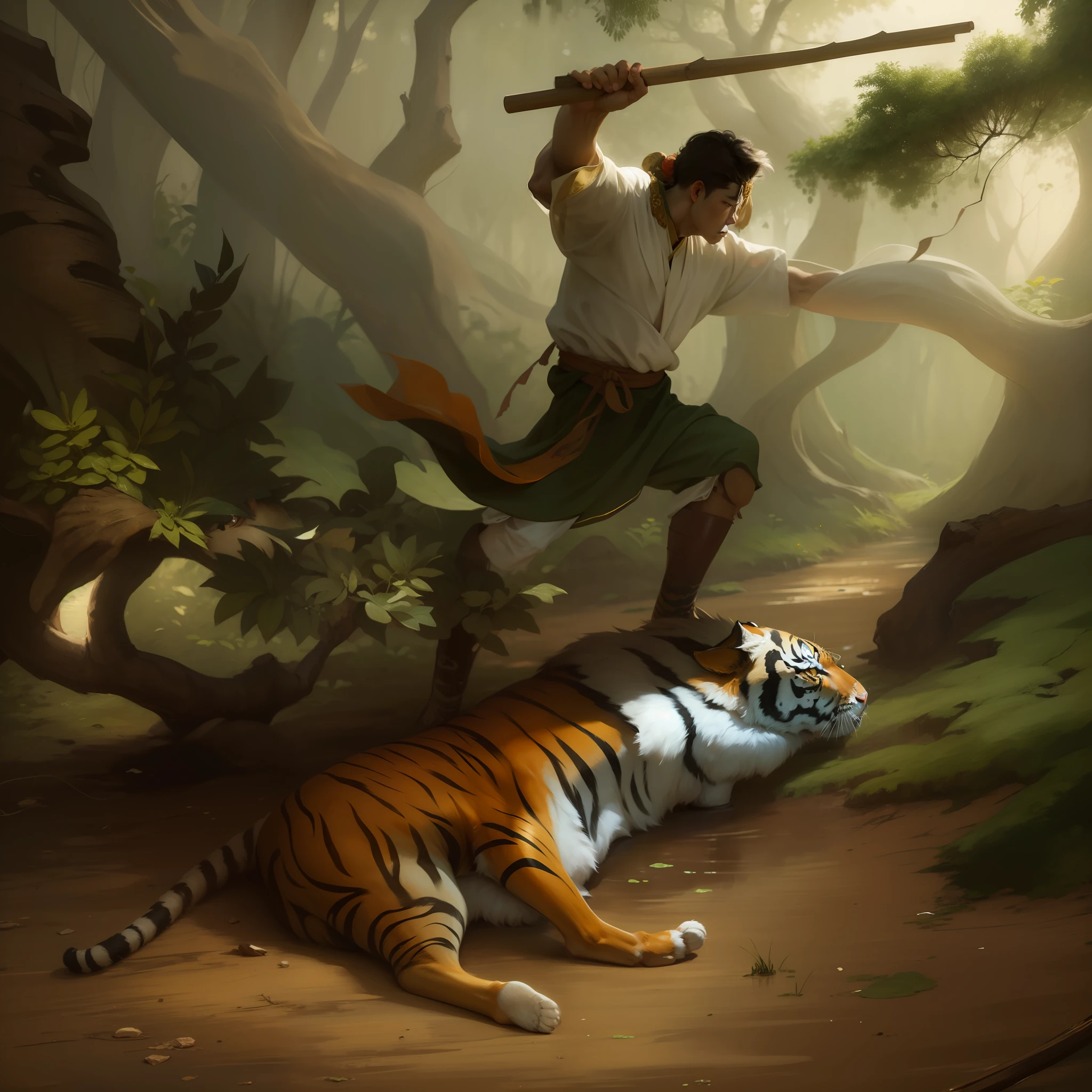 A young man in ancient Chinese costume beats a tiger