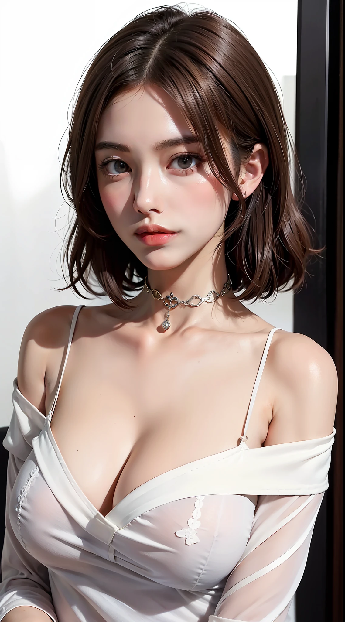 The Masterpiece、best qualiy、Raw photo、photorealestic、big boob、face lights、shinny skin、high - resolution、super-detail、shinny skin、Black choker、Brown hair、Medium hair、White off-shoulder shirt、Less exposure
