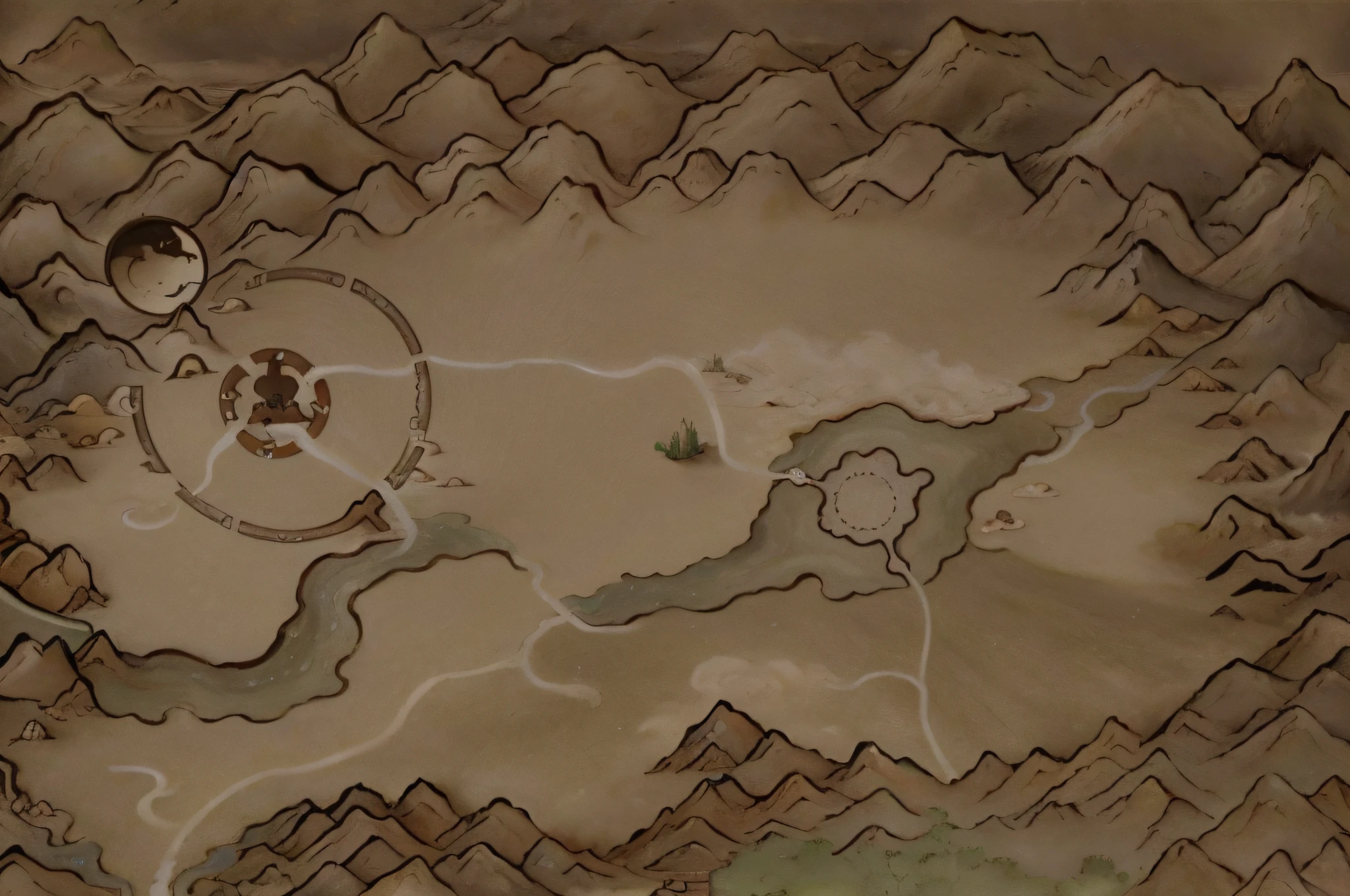 (map), a map of rpg game, detailed, mountains, rivers, auspicious clouds, masterpieces, holding, super detail, epic composition, ultra HD, high quality, extremely detailed, official art, unified 8k wallpaper, Super detail, 32k -- v 6, no sunshine, ((desert)), straight, no squiggles