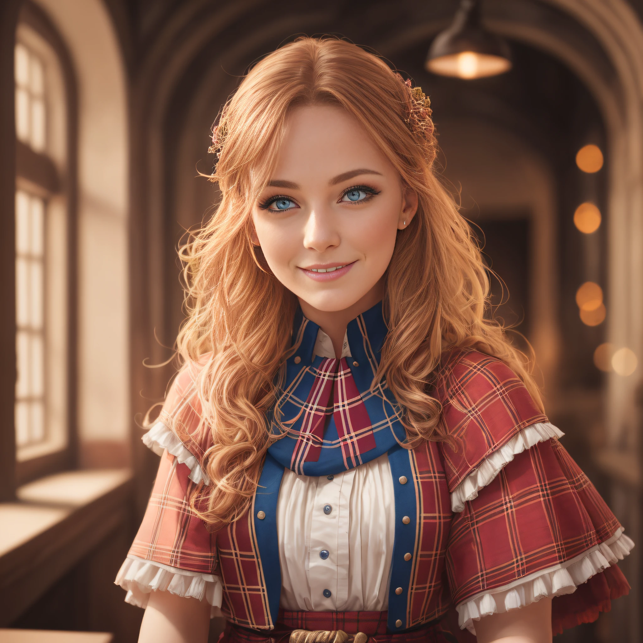 Scotland traditional dancer, portrait of a photorealistic incredibily beautiful happy woman, 20 yr, half smiling, staring at camera in front, intense coloration fantasy, light hair, a stunning realistic photograph 20 years , Random hair, random color eyes, Luminism, Bar lighting, octane rendered
