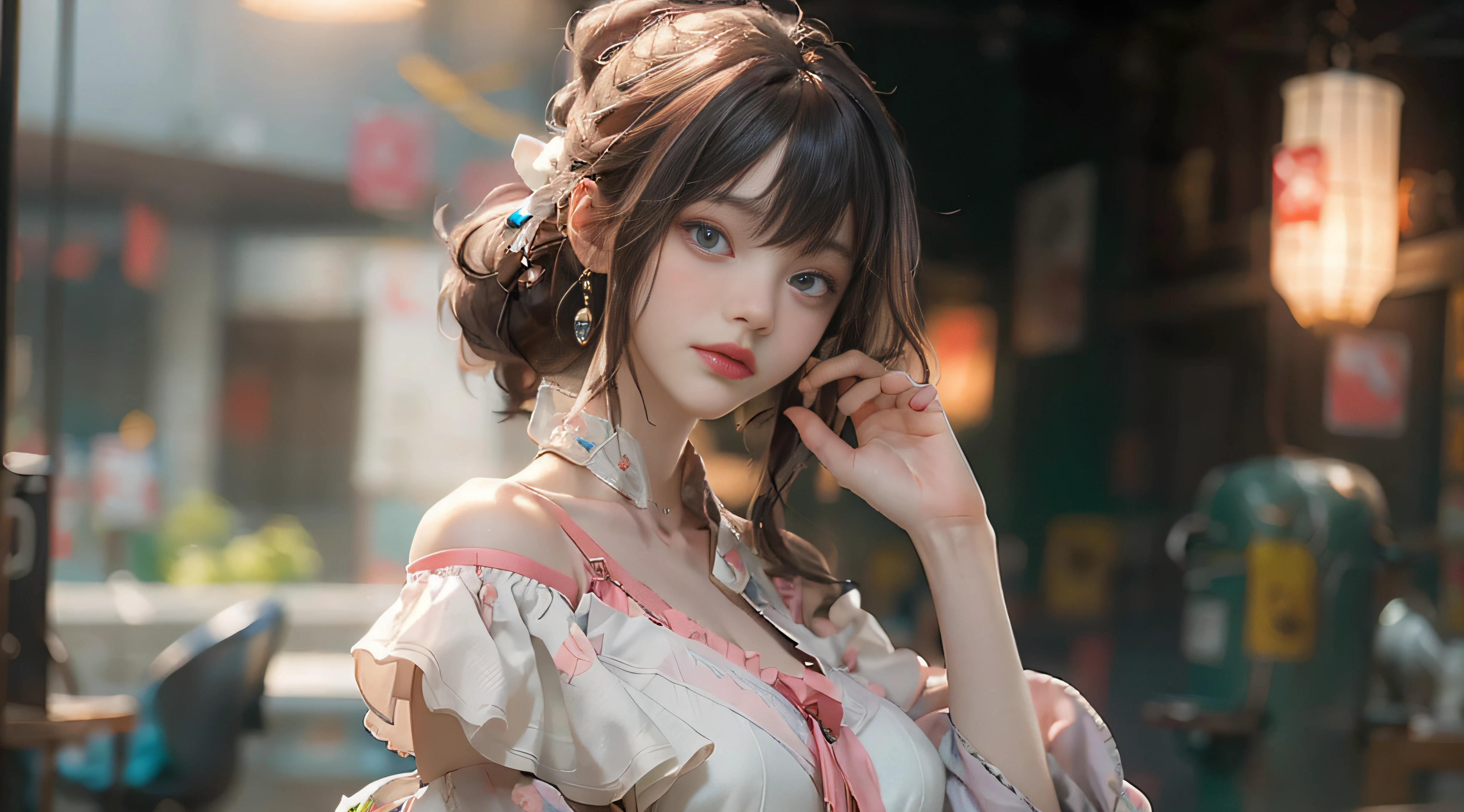 ((Best Quality)), ((Masterpiece)), (Detail: 1.4), 3D, Beautiful Cyberpunk Female Image, HDR (High Dynamic Range), Ray Tracing, NVIDIA RTX, Super Resolution, Unreal 5, Subsurface Scattering, PBR Texture, Post-Processing, Anisotropic Filtering, Depth of Field, Maximum Sharpness and Sharpness, Multi-layer Texture, Albedo and Highlight Mapping, Surface Coloring, Mitsu-Accurate Simulation of Material Interactions, Perfect Proportions, Octane Rendering, Two-color Light, Large Aperture, Low ISO, white balance, regular three-point, 8K RAW, beautiful bright pupils, off-the-shoulder clothes, fine pupils, delicate face and eyes, long eyelashes, blush, delicate and fluffy hair, pink lips, pure, cute, sweet girl, artistic sense, casual wear, high-end sense
