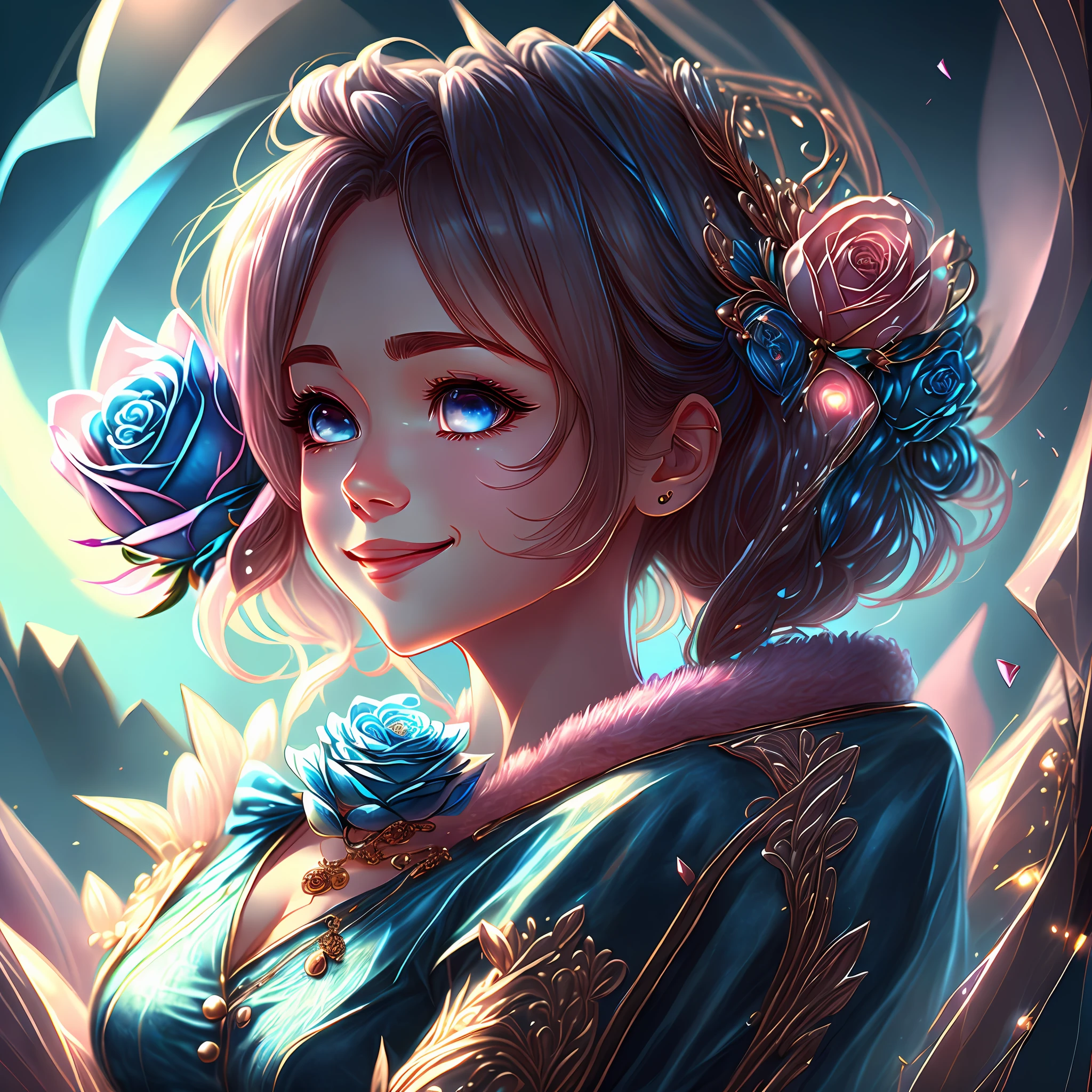 (8k, top quality, masterpiece: 1.2), (realistic, photorealistic: 1.37), super detailed, girl alone, cute, solo, midnight, beautiful detailed sky, detailed café, sitting, dating, (blush), (smile: 1.15), small breasts (mouth closed), beautiful fine eyes, floating hair NovaFrogStyle, back open dress, blue rose accessories, Blue rose on background --auto