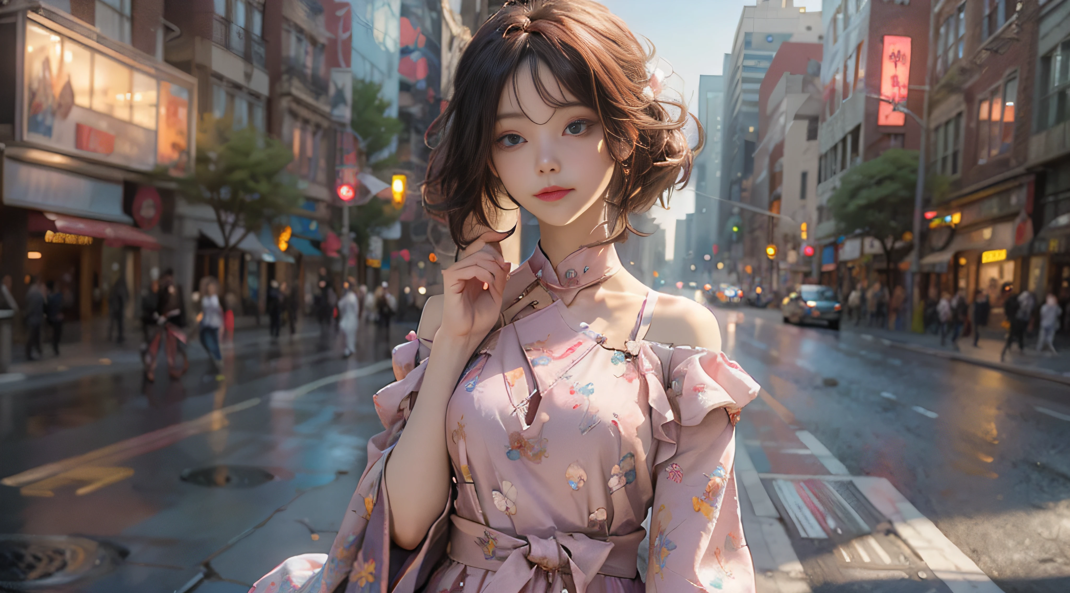 ((Best Quality)), ((Masterpiece)), (Detail: 1.4), 3D, Beautiful Cyberpunk Female Image, HDR (High Dynamic Range), Ray Tracing, NVIDIA RTX, Super Resolution, Unreal 5, Subsurface Scattering, PBR Texture, Post-Processing, Anisotropic Filtering, Depth of Field, Maximum Sharpness and Sharpness, Multi-layer Texture, Albedo and Highlight Mapping, Surface Coloring, Mitsu-Accurate Simulation of Material Interactions, Perfect Proportions, Octane Rendering, Two-color Light, Large Aperture, Low ISO, white balance, regular three-point, 8K RAW, beautiful bright pupils, off-the-shoulder clothes, fine pupils, delicate face and eyes, long eyelashes, blush, delicate and fluffy hair, pink lips, pure, cute, sweet girl, artistic sense, casual wear, high-end sense