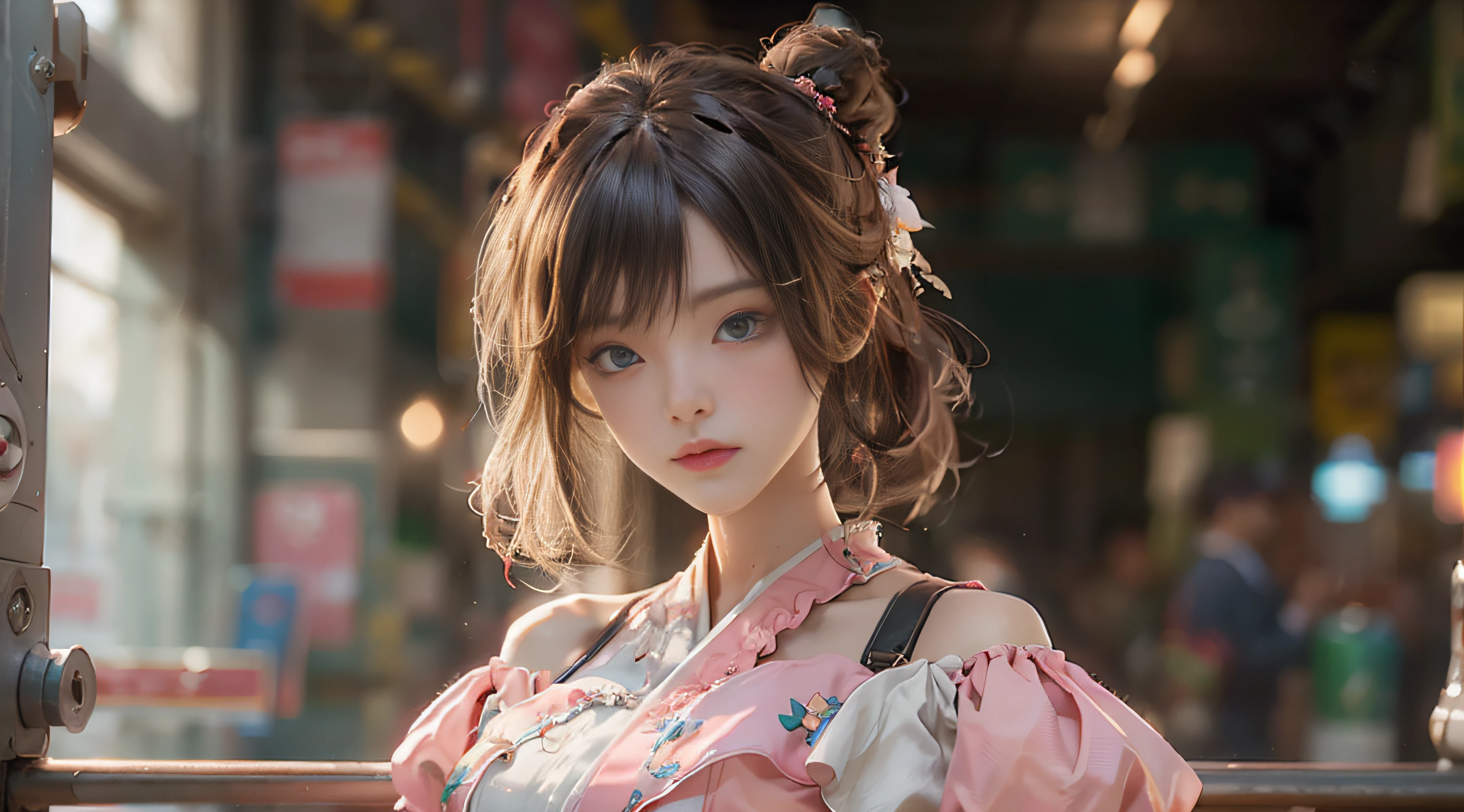 ((Best Quality)), ((Masterpiece)), (Detail: 1.4), 3D, Beautiful Cyberpunk Female Image, HDR (High Dynamic Range), Ray Tracing, NVIDIA RTX, Super Resolution, Unreal 5, Subsurface Scattering, PBR Texture, Post-Processing, Anisotropic Filtering, Depth of Field, Maximum Sharpness and Sharpness, Multi-layer Texture, Albedo and Highlight Mapping, Surface Coloring, Mitsu-Accurate Simulation of Material Interactions, Perfect Proportions, Octane Rendering, Two-color Light, Large Aperture, Low ISO, white balance, regular three-point, 8K RAW, beautiful bright pupils, off-the-shoulder clothes, fine pupils, delicate face and eyes, long eyelashes, blush, delicate and fluffy hair, pink lips, pure, cute, sweet girl, artistic sense, casual wear, high-end sense