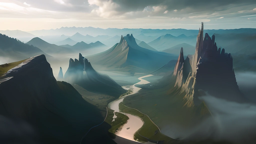 mountain ranges,There is a river running through,The sky is cloudy, most epic landscape, bastien grivet, impressive fantasy landscape, futuristic valley, alien breathtaking landscape, epic landscape, an amazing landscape image, epic beautiful landscape, epic landscape, breathtaking mountains, jessica rossier fantasy art, max rive, andreas rocha style, epic dreamlike fantasy landscape, epic fantasy landscape
