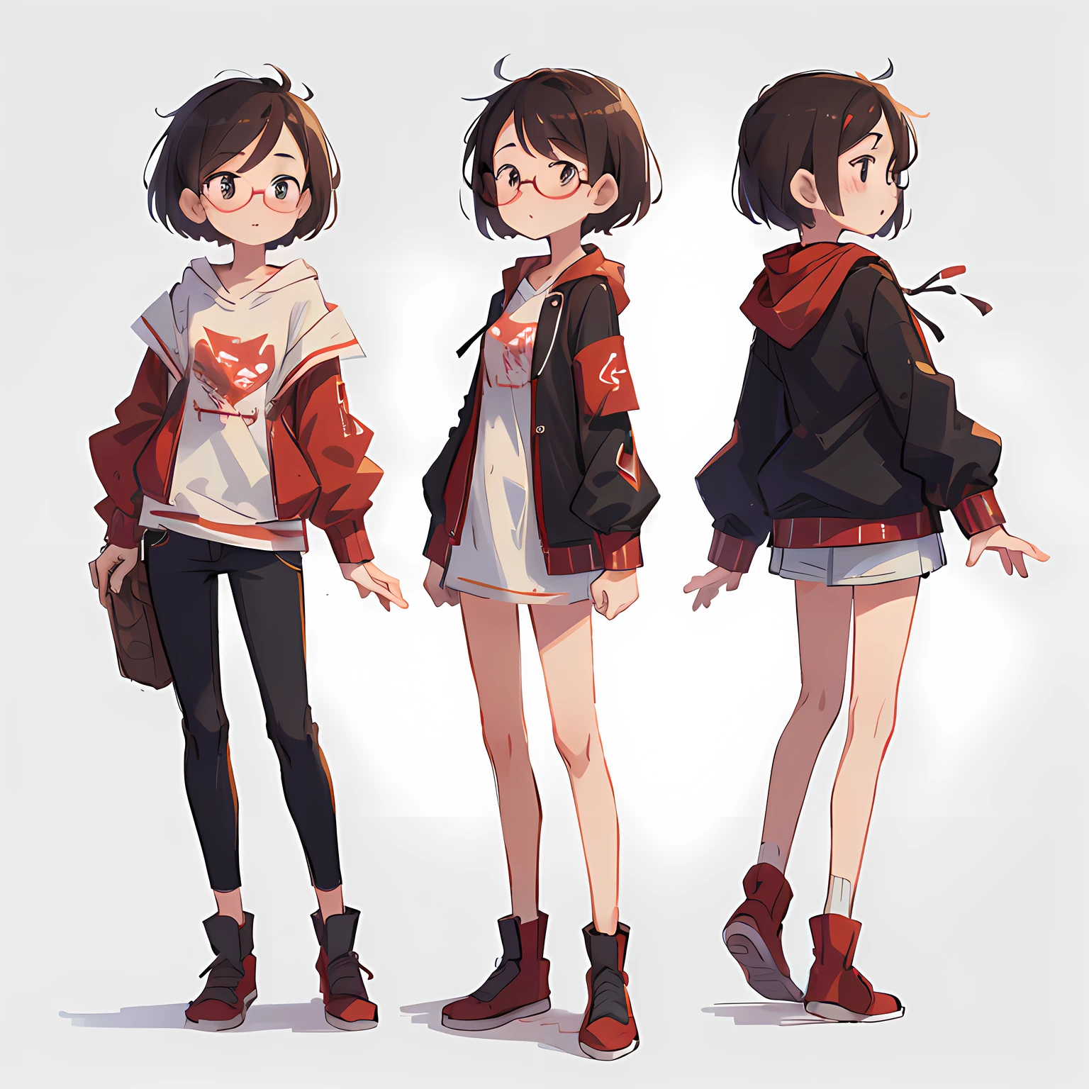 redesign character of red riding hood, anime style, 1 girl, full body, modern, short hair, glasses, mystery, detective, white background, character sheet, fashionable, looking to veiwer