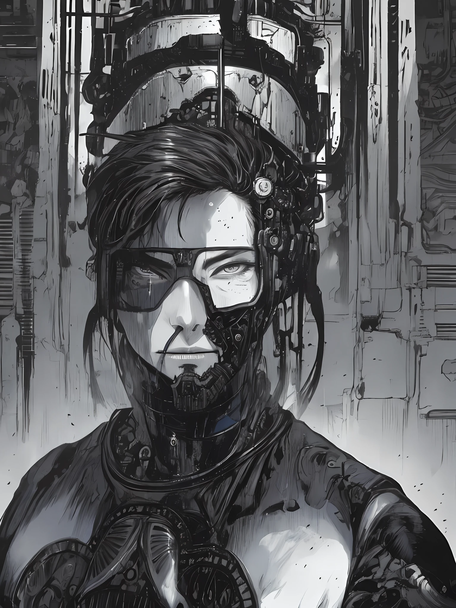 heavy black and white, monsters-creatures, cyborg girl portrait, OrganicBiomArt, ((monochrome)), smirk512, , detailed (wrinkles, blemishes!, folds!, moles, viens, pores!!, skin imperfections:1.1), highly detailed glossy eyes, (looking at the camera), specular lighting, dslr, ultra quality, sharp focus, tack sharp, dof, film grain, centered, Fujifilm XT3, crystal clear