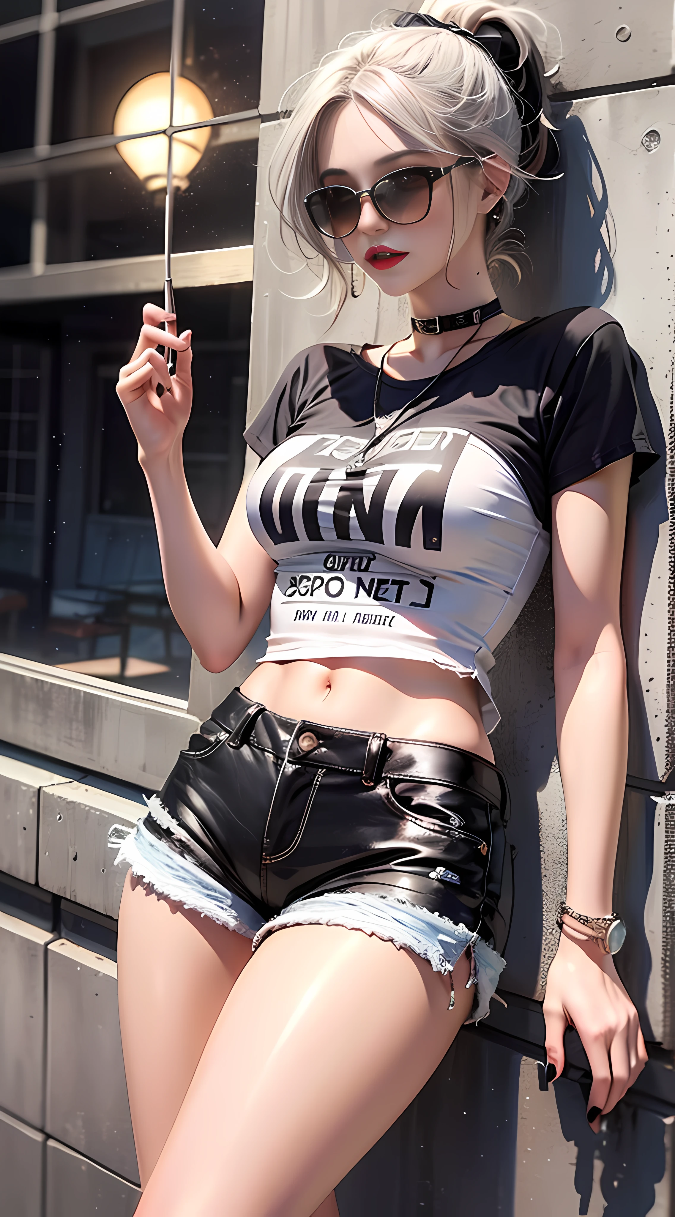 Ultra high quality，8K，gal girl，Sexy and feminine, high and cold，Enchanting，The head proportions are perfect，Short black and gray hair，Wear T-shirt shorts，Flaming red lips，Swan neck，the sun is shining wide shot，With sunglasses