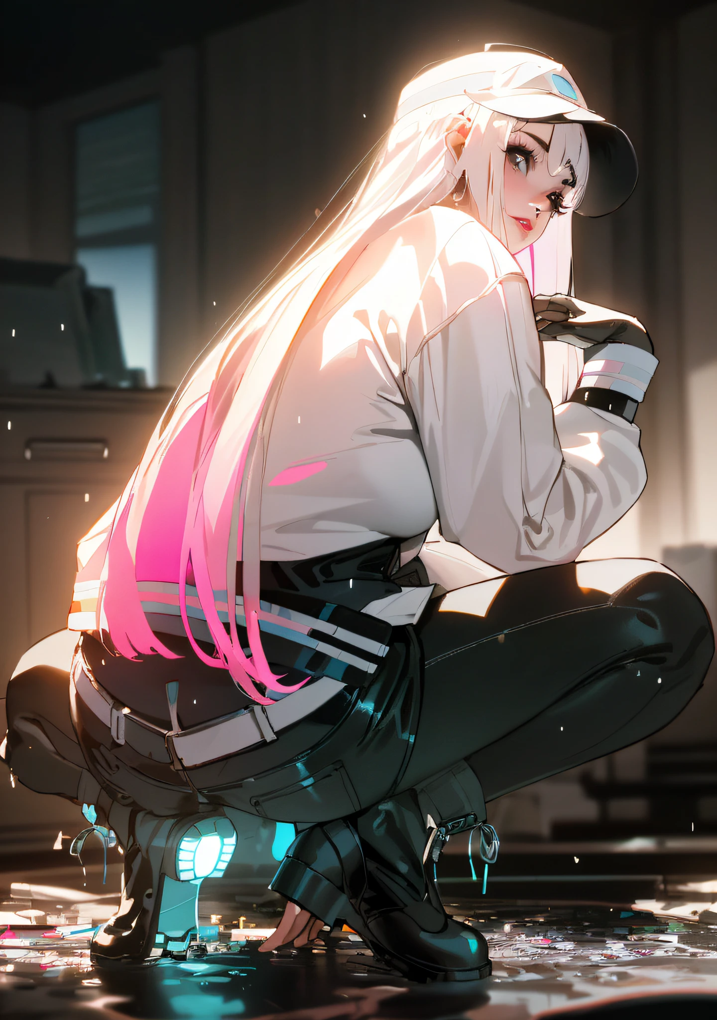 (Best Quality), ((Masterpiece), (Detail: 1.4), 3D, A Beautiful Cyberpunk Woman, HDR (High Dynamic Range), Ray Tracing, NVIDIA RTX, Super-Resolution, Unreal 5, Subsurface Scattering, PBR Textures, Post-Processing, Anisotropic Filtering, Depth of Field, Maximum Sharpness and Clarity, Multi-layer Textures, Albedo and Highlight Maps, Surface Shading, Accurate simulation of light-material interactions, perfect proportions, Octane Render, two-color light, large aperture, low ISO, white balance, rule of thirds, 8K RAW, realistic, (dignified fluff, perfect proportions, bright eyes, light makeup, big black eyes, pink and moist lips), white hair, big black eyes, cold storage, sharp eyes, flowers, (masterpiece, realistic, high resolution), ((1 girl): 1.2), ((white wavy long hair): 1.3), (business sexy suit, office documents, sitting at desk, playing with mobile phone), ((big breasts): 1.5, thin waist: 1.2, strangled thighs: 1.3, fair and moist skin)