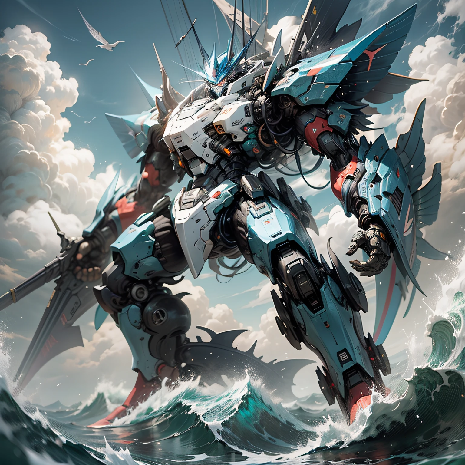 sailfish mecha rising from sea