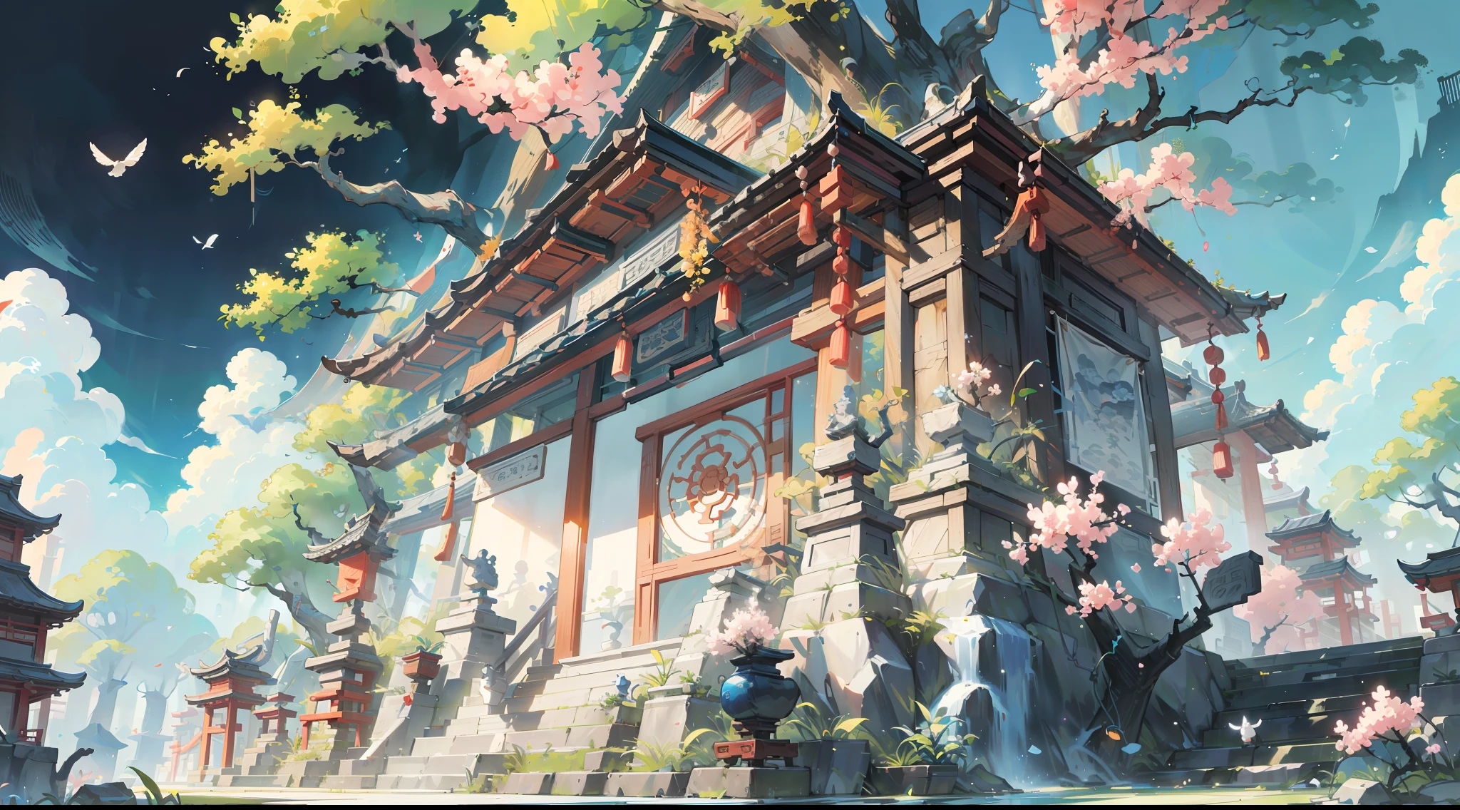 Antique game scene design，massive trees，florals，A blue sky，white cloud，Chinese ink painting high angle angle OC rendering sculpture