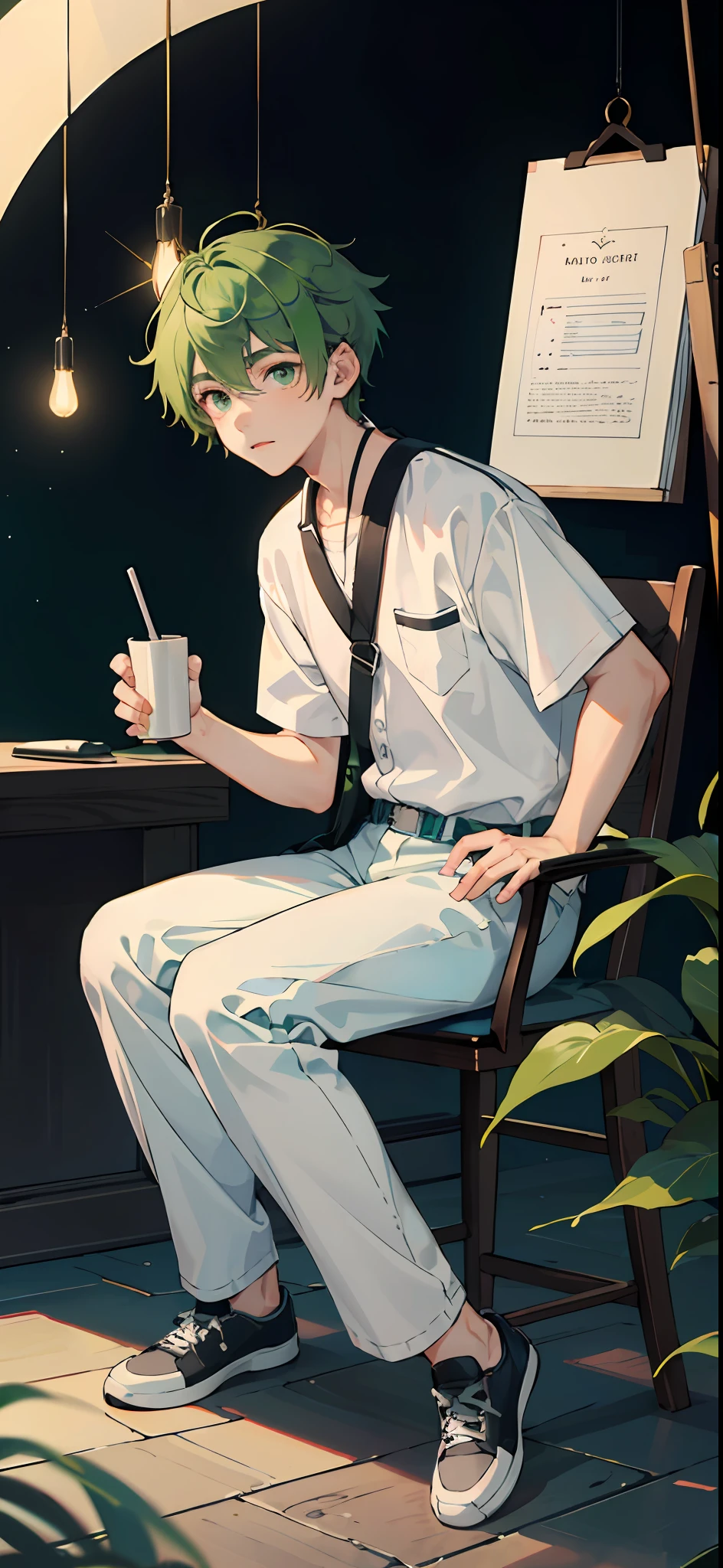 Master Masterpiece、maximum quality、8K、One Boy、Short green hair and big eyes、Cute face、16 years old、White shirt and gray pants、sit